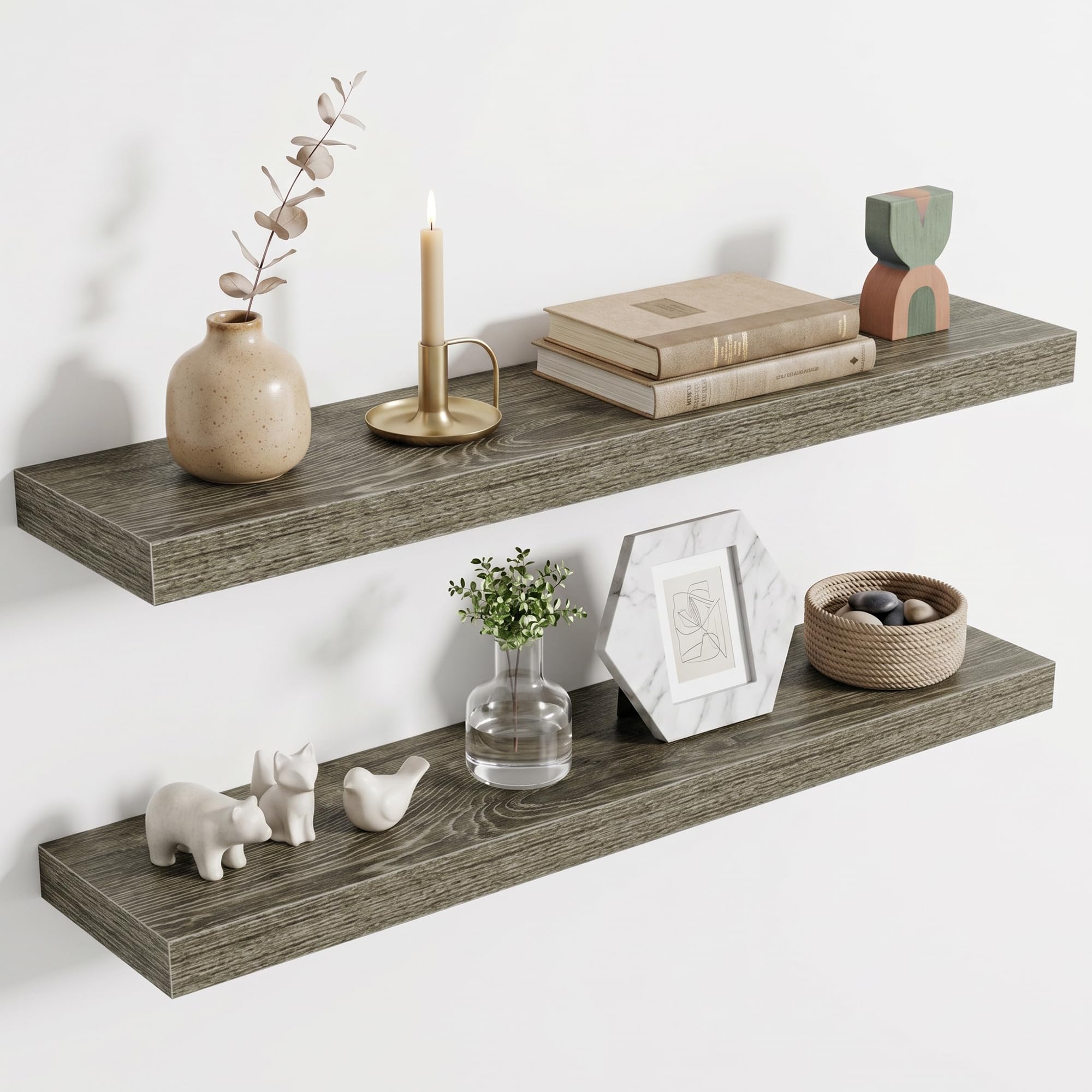 Acovy Floating Shelves for Wall, Extra Thick 80cm Long Wooden Wall Mounted Shelf, Wall Shelves for Living Room Bathroom Bedroom Kitchen, Oak Grey, Set of 2