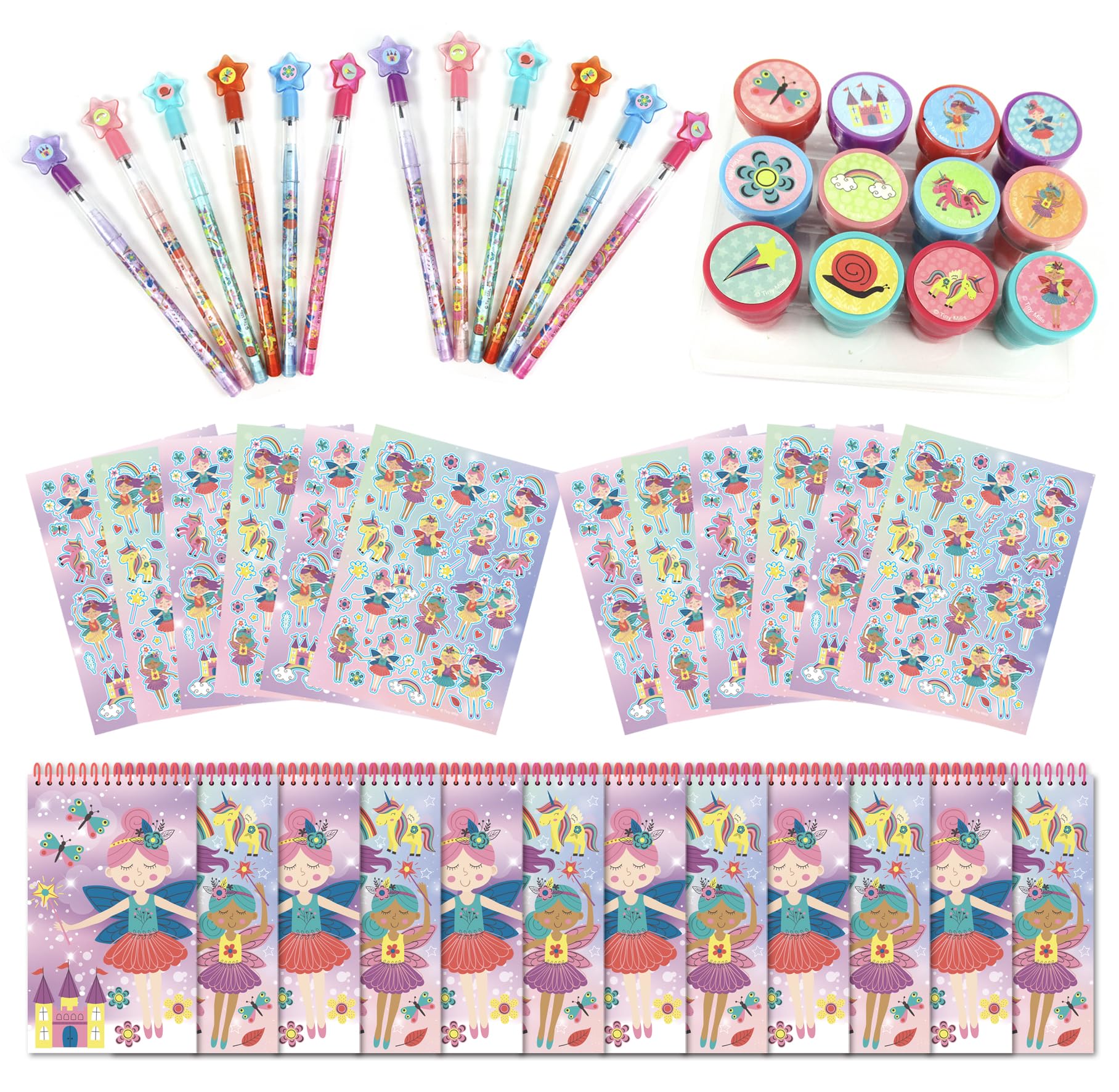 TINYMILLS Magical Fairy Princess Fairies Birthday Party Favor Set (12 multi-point pencils, 12 stampers, 12 sticker sheets, 12 small spiral notepads)