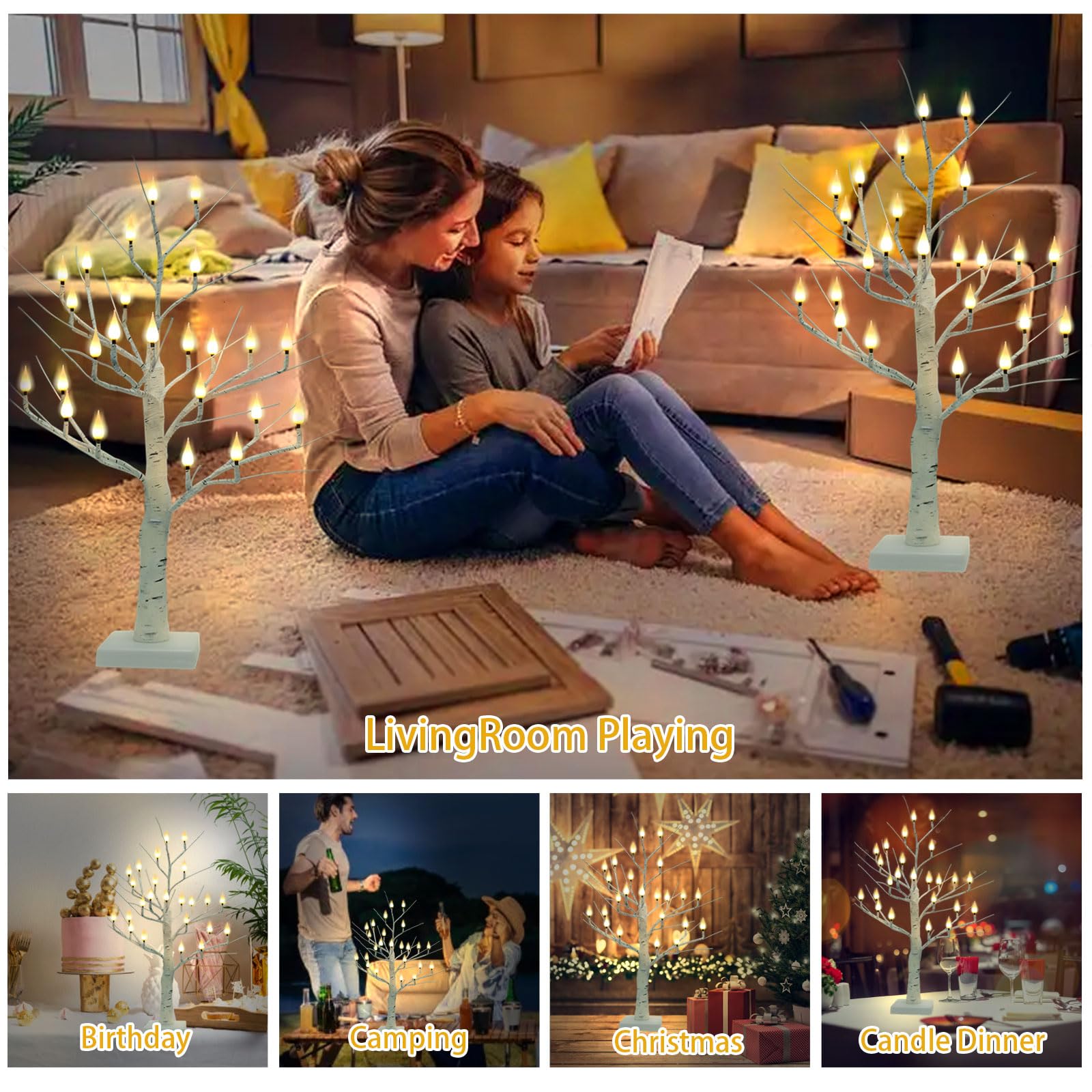 Verbesserter Birkenbaum mit 24 flammenlosen Kerzenlichtern, 60 cm langer Kerzenlichtbaum für Weihnachtsdekoration, Batterie-/USB-Kerze, beleuchteter Birkenbaum für Tisch, Zuhause, Halloween,
