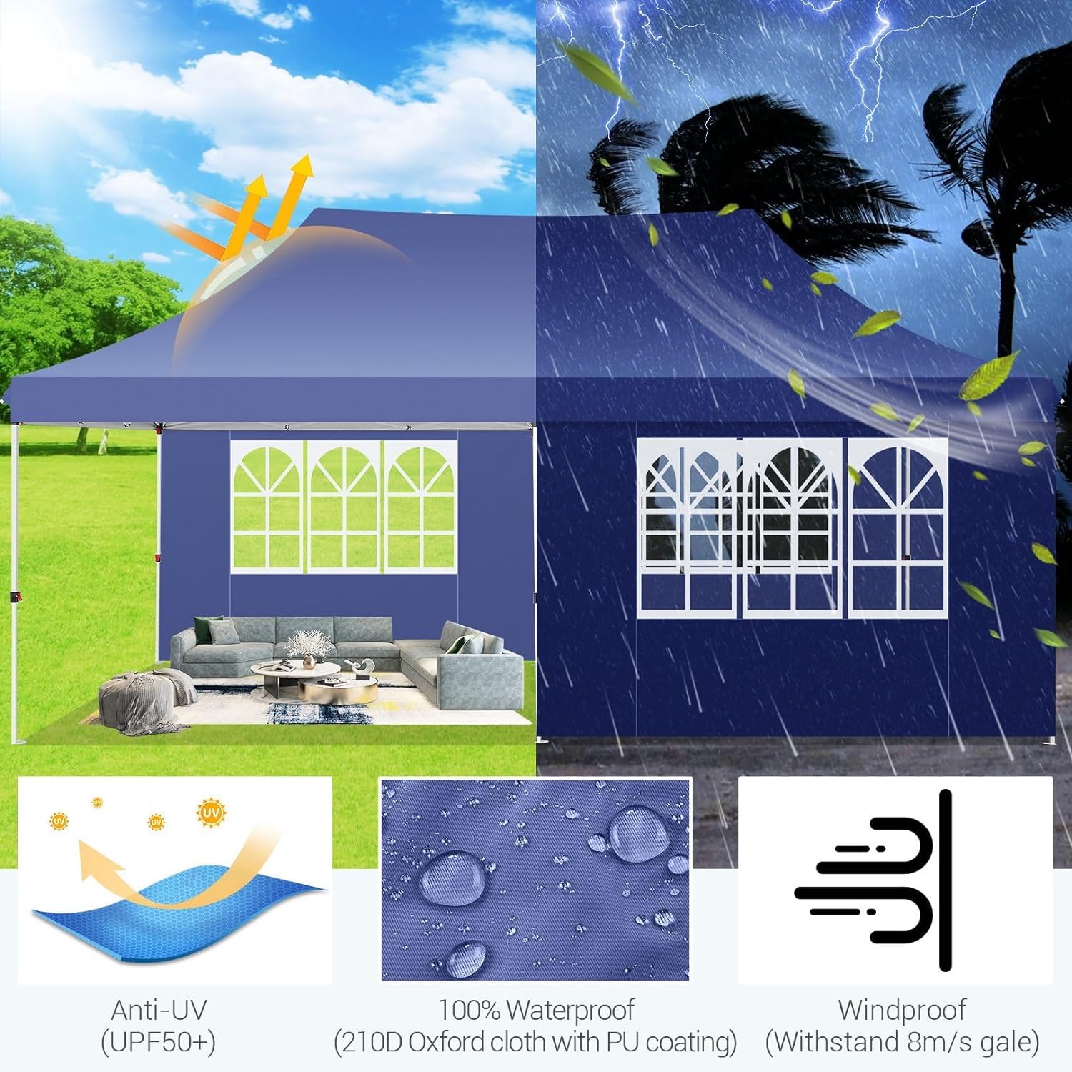TOOLUCK Barnum - Gazebo pieghevole, 3 x 6 m, 3 x 6 cm, impermeabile, professionale, tenda di ricezione con 6 pareti laterali, gazebo per raggi UV, 50 +