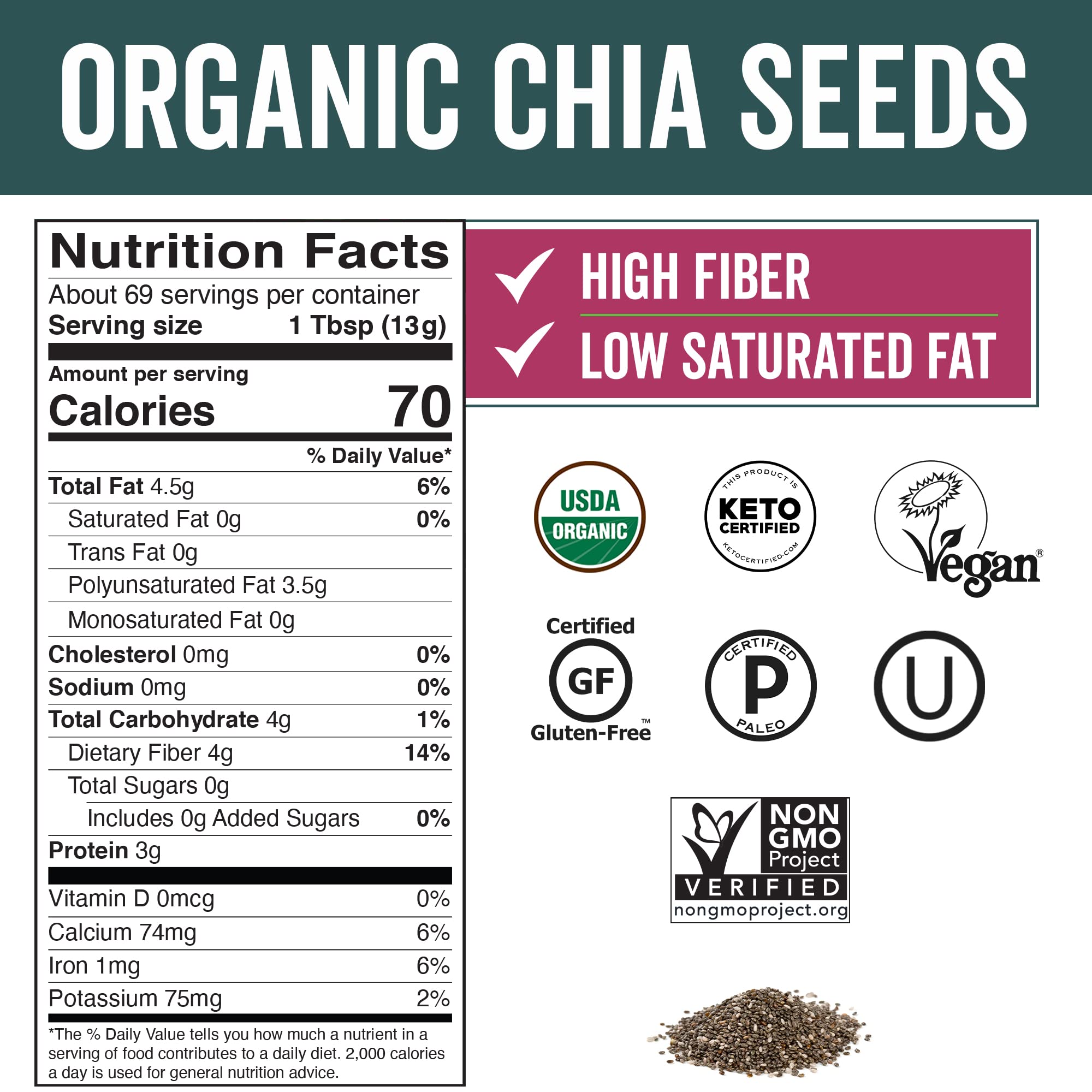 Viva Naturals Organic Chia Seeds 2 LBs - Plant-Based Omega-3 and Vegan Protein, Non-GMO Chia Seeds Organic Perfect for Smoothies, Salads and Chia Seed Pudding, Black Chia Seeds Bulk