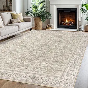 Cream Beige White Grey 6x9 Area Rug for Bedroom, Large Washable Area Rug for Living Room, Soft Vintage Rugs with Non-Slip, Non-Shedding Farmhouse Carpet for Nursery, Office, Dining Room