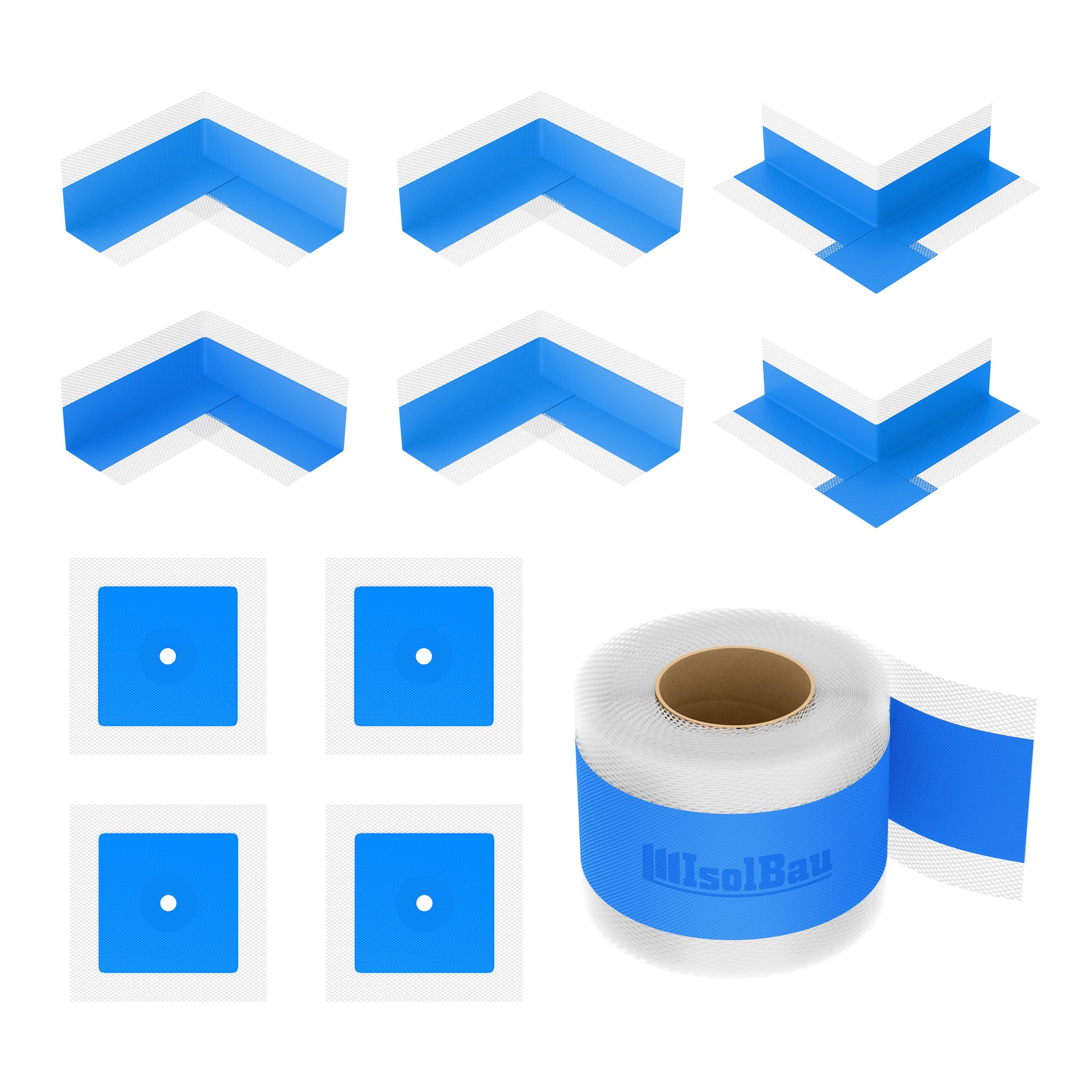 Isolbau 105B Kit de ruban d'étanchéité pour l'intérieur et l'extérieur avec ruban d'étanchéité de 20 m, 4 coins intérieurs, 2 coins extérieurs et 4 manchettes murales, étanche pour douche, salle de