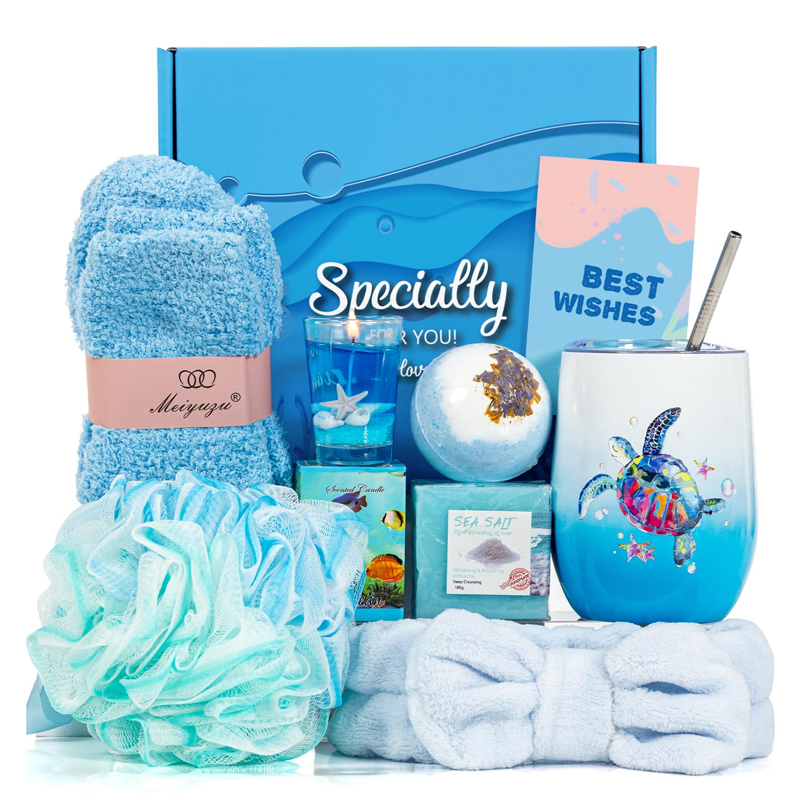 Ocean Themed Self Care Package for Women – 8-Piece Beach Spa Gift Basket with Turtle Tumbler, Relaxing Get Well Soon & Thinking of You Gifts for Mom,