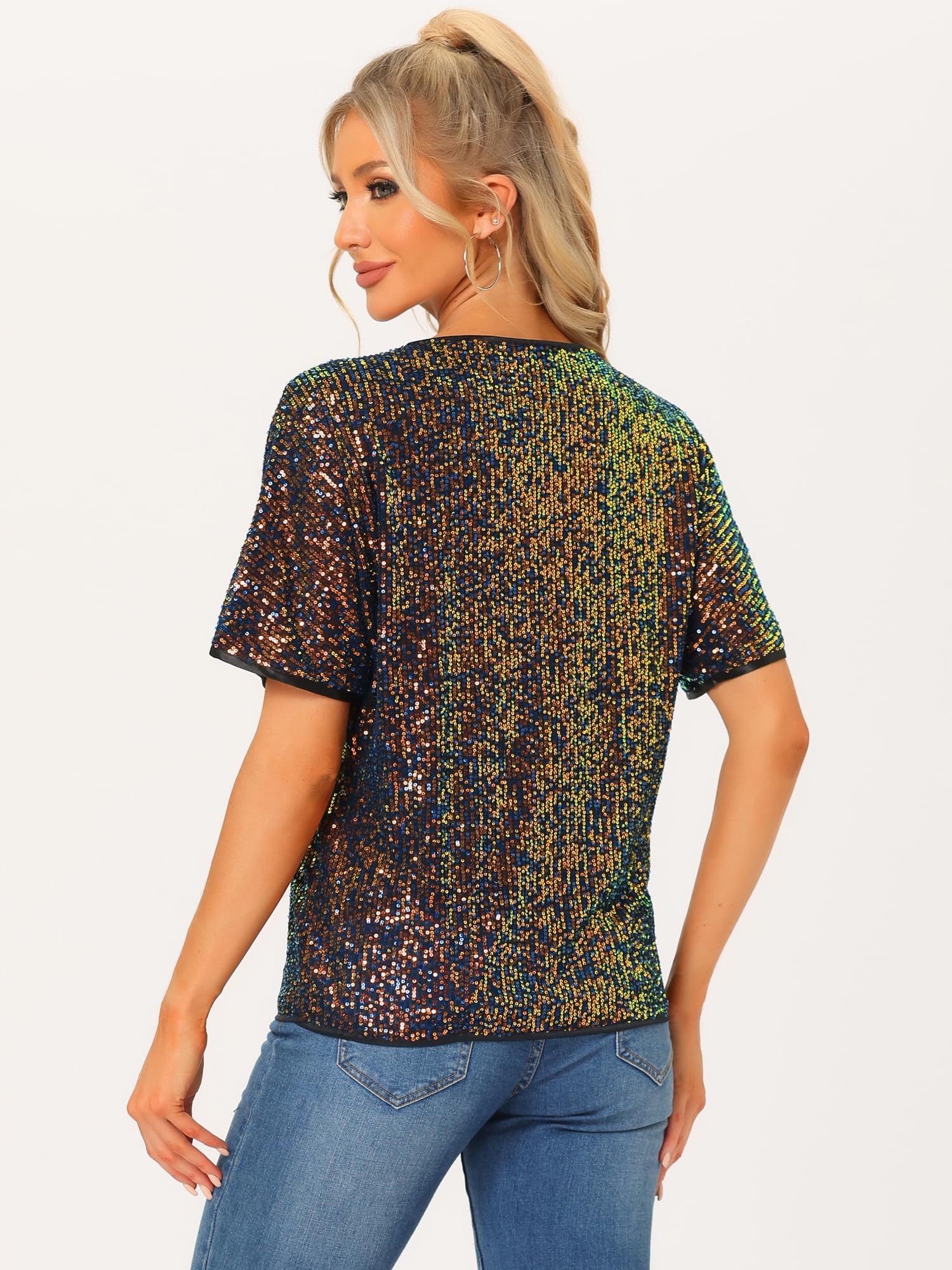 Allegra K Damen Festliches Oberteil Pailletten Oberteile Kurzarm Rund Halsausschnitt Party Glitzer Top Mehrfarbig S