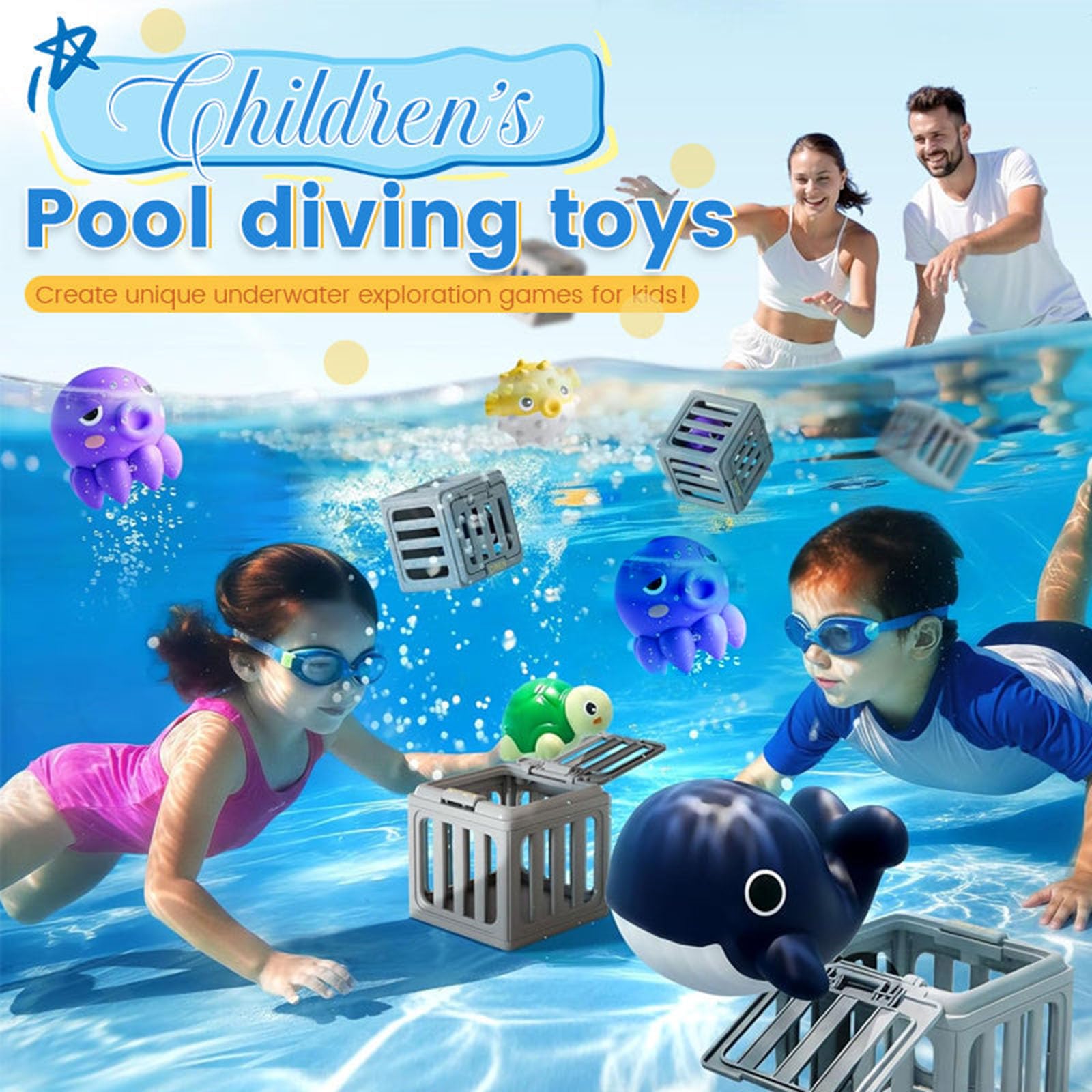 Générique Jeu de Piscine de plongée dans l'eau, Ensemble de Jouets de Bain avec boîte à Poissons, Animaux flottants, Cadeau de fête d'été pour garçons et Filles (A)
