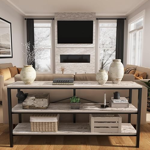 Vida Vistoso Mesa consola industrial de 71 pulgadas detrás del sofá, mesa de sofá extra larga con estantes de almacenamiento de madera de 3 niveles,