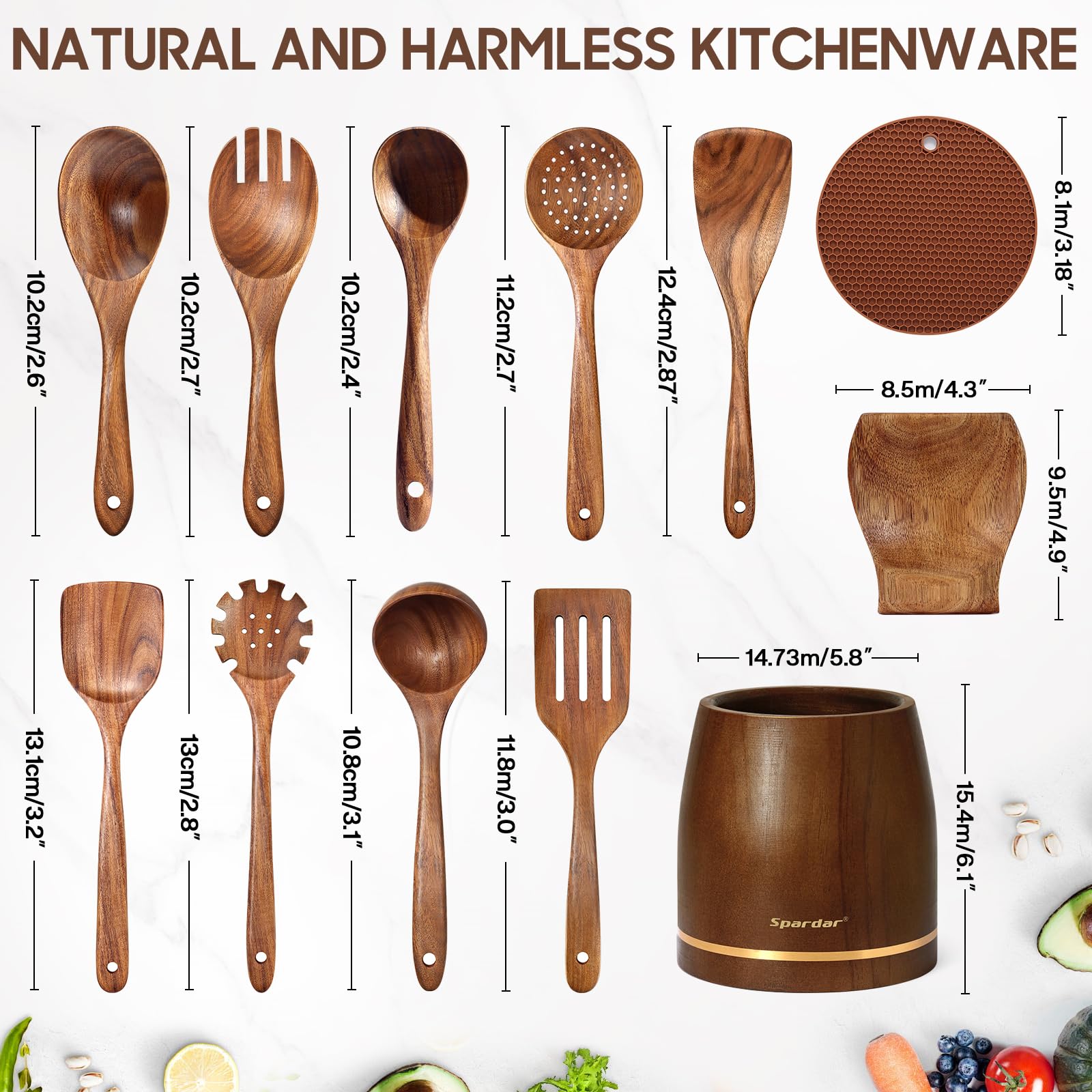 Spardar Küchenutensilien Holz, 12-Teiliges Set Holzlöffel Set mit 9 Kochlöffel aus Teakholz, Löffelablage, 5,7-Zoll-Utensilienhalter und Topflappen als Küchendeko und Einweihungsgeschenk