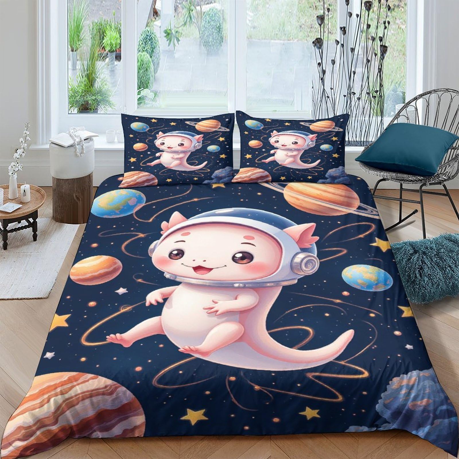 Ctjqhvkz Style-3 3D Printed Cute Space Axolotl Fitted Sheet Microfiber Soft Breathable Cartoon Planet Bed Cover For Bedroom Dorm Decor Single（135X200cm）