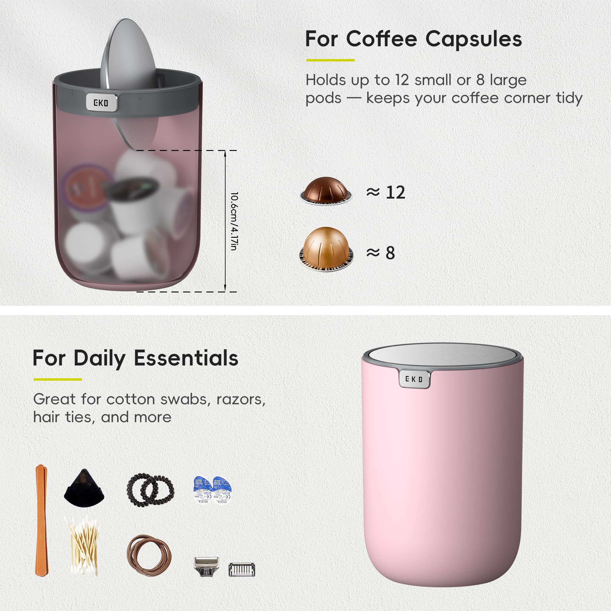 EKO Mini Desk Trash Can with Swing-Top Lid 0.4 Gallon Small Table Round Wastebasket for Office Home, Car (Pink) - Image 2