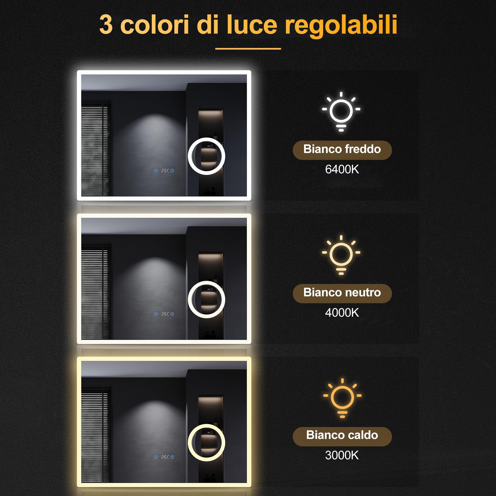 SONNI Specchio da Bagno a LED con Illuminazione, Specchio Con Luci 80 x 60cm Con illuminazione, Funzione Tri-colore Dimmerabile e Infinitamente Dimmerabile con Triplo Ingrandimento