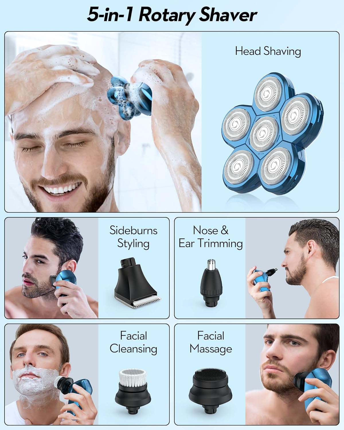 Composite image showing various uses: head shaving, sideburns styling, nose/ear trimming, facial cleansing, facial massage.