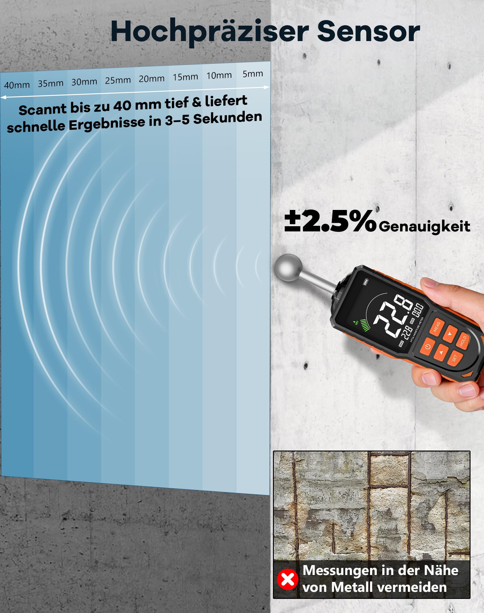 Feuchtigkeitsmessgerät Wand & Holz, Zerstörungsfreies Feuchtemesser mit Kugelsensor, 40mm Tiefenscan USB-C Aufladbar LCD Farbbildschirm Feuchtemessgerät für Beton,Estrich,Wohnmobil-Inspektion