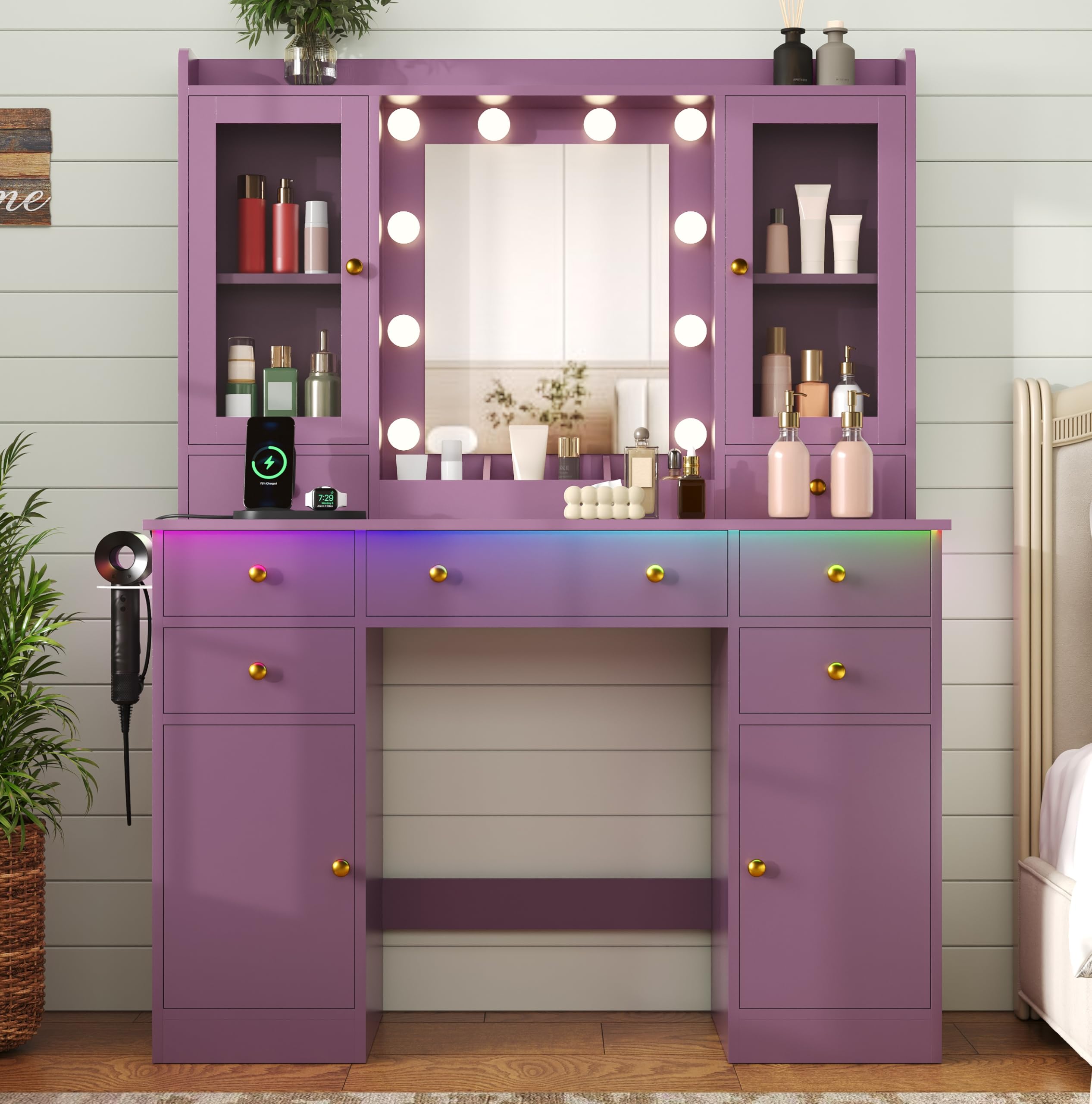 HUANLEGO Purple Vanity Desk with Mirror and Lights for Girls Women