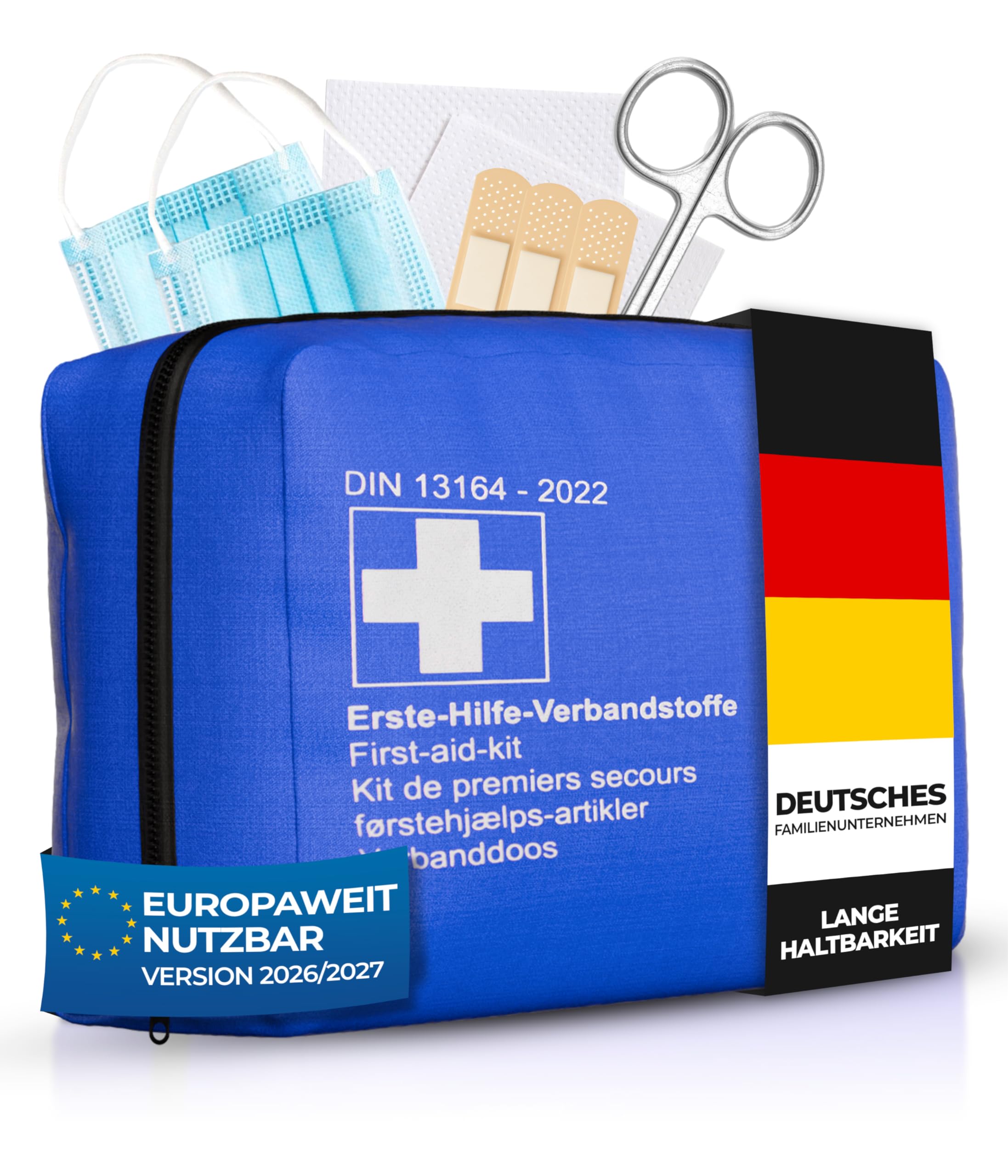 Thomatex® KFZ Verbandstasche 2026/2027 [DIN 13164-2022] – Kompakter Verbandskasten – Lange Haltbarkeit – Erste-Hilfe-Set, StVO-konform – Blau