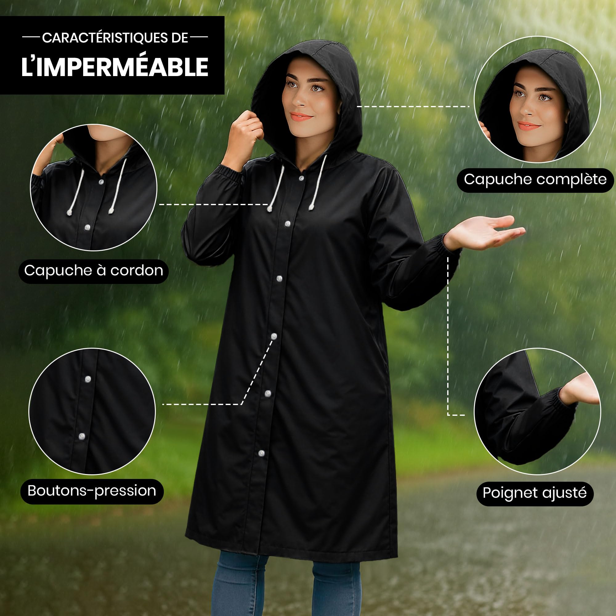 REDSTAR Poncho Pluie Imperméable Femme et Homme avec Capuche - 2 pièces, Veste longue waterproof à boutons pour adulte, Poncho de pluie long pour adulte, Pliable, Pour festival, randonnée, vélo