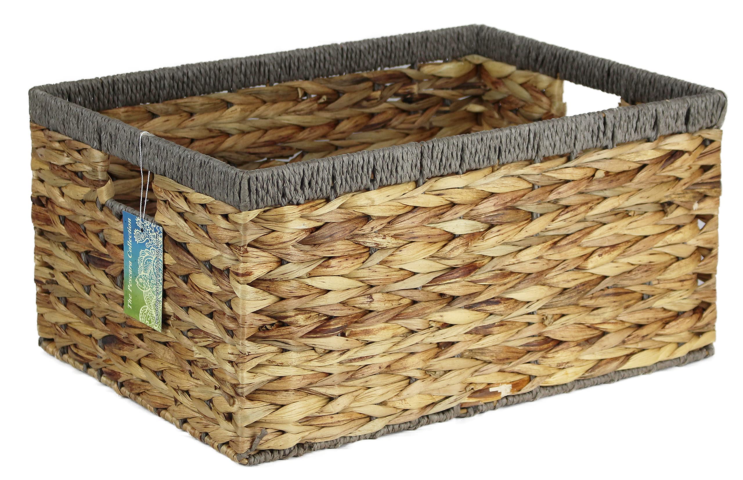 Large Rectangular Water Hyacinth baskets. Natural baskets light colour and with grey edges. Open bins for storage of shoes, toys or books and magazines (47cm, Grey Edge)
