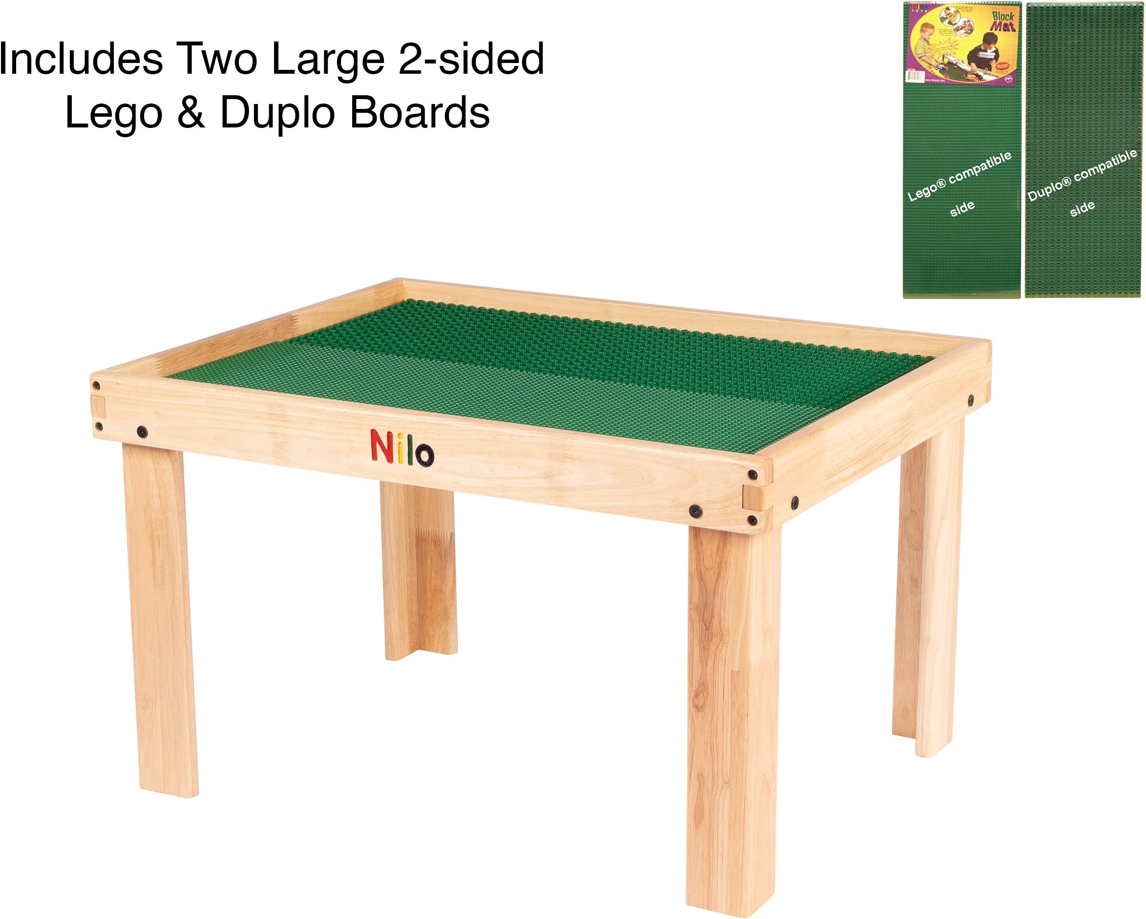 Lego Compatible Table with Detachable Two 2-Sided Lego & Duplo Baseplates/Boards/Mats by NILO | (N34 Activity Table No Holes, 24x32x20 and 2X Green Base Plates 12x32)