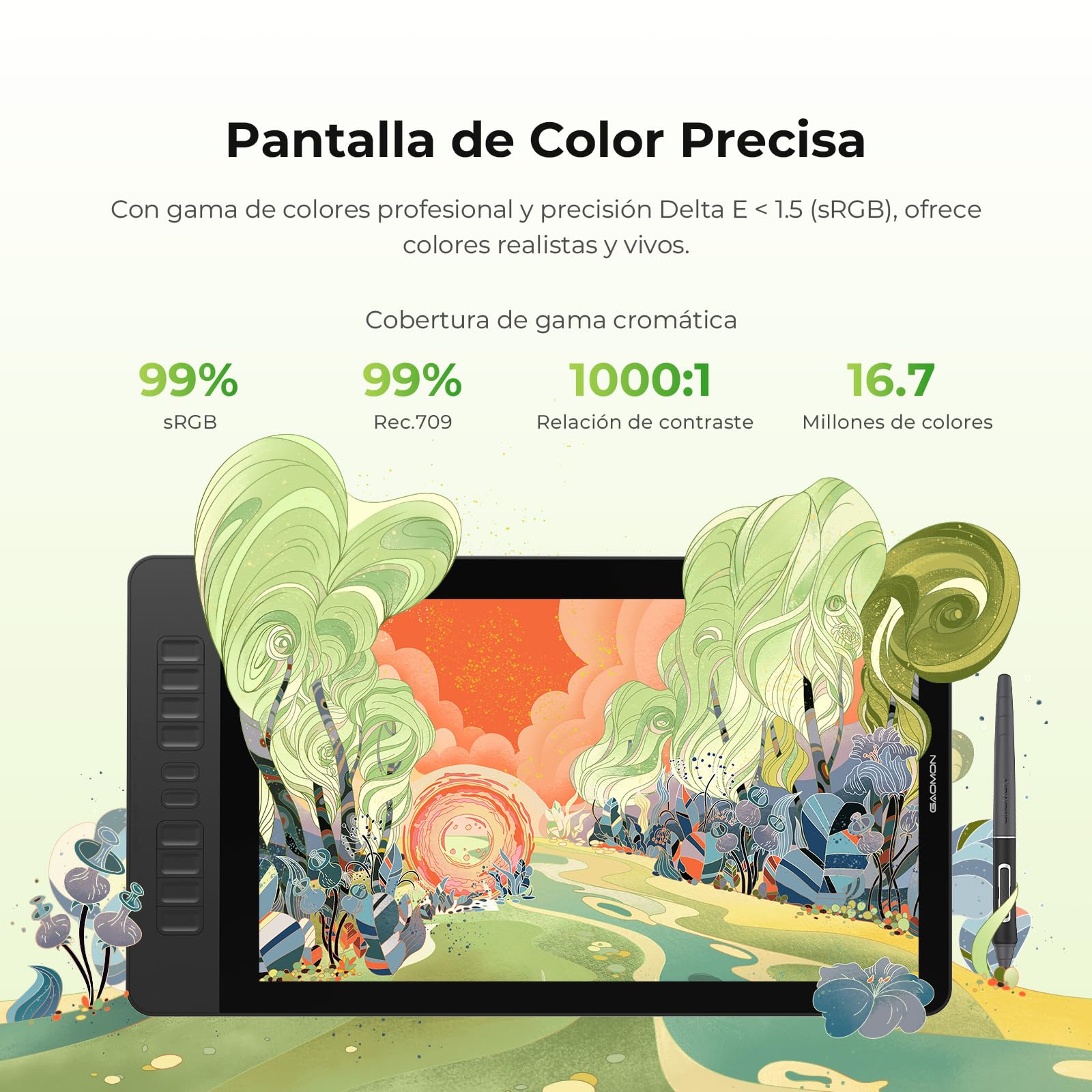 GAOMON PD1561 V2 Tableta gráfica con pantalla, Tableta gráfica de 15,6 pulgadas,16384 niveles de presión del lápiz, 99% sRGB, △E 1,5, 10 teclas de dibujo, Compatible con Windows, Mac, Android y Linux | 99 % sRGB E<1.5, soporte ajustable, tableta gráfica p