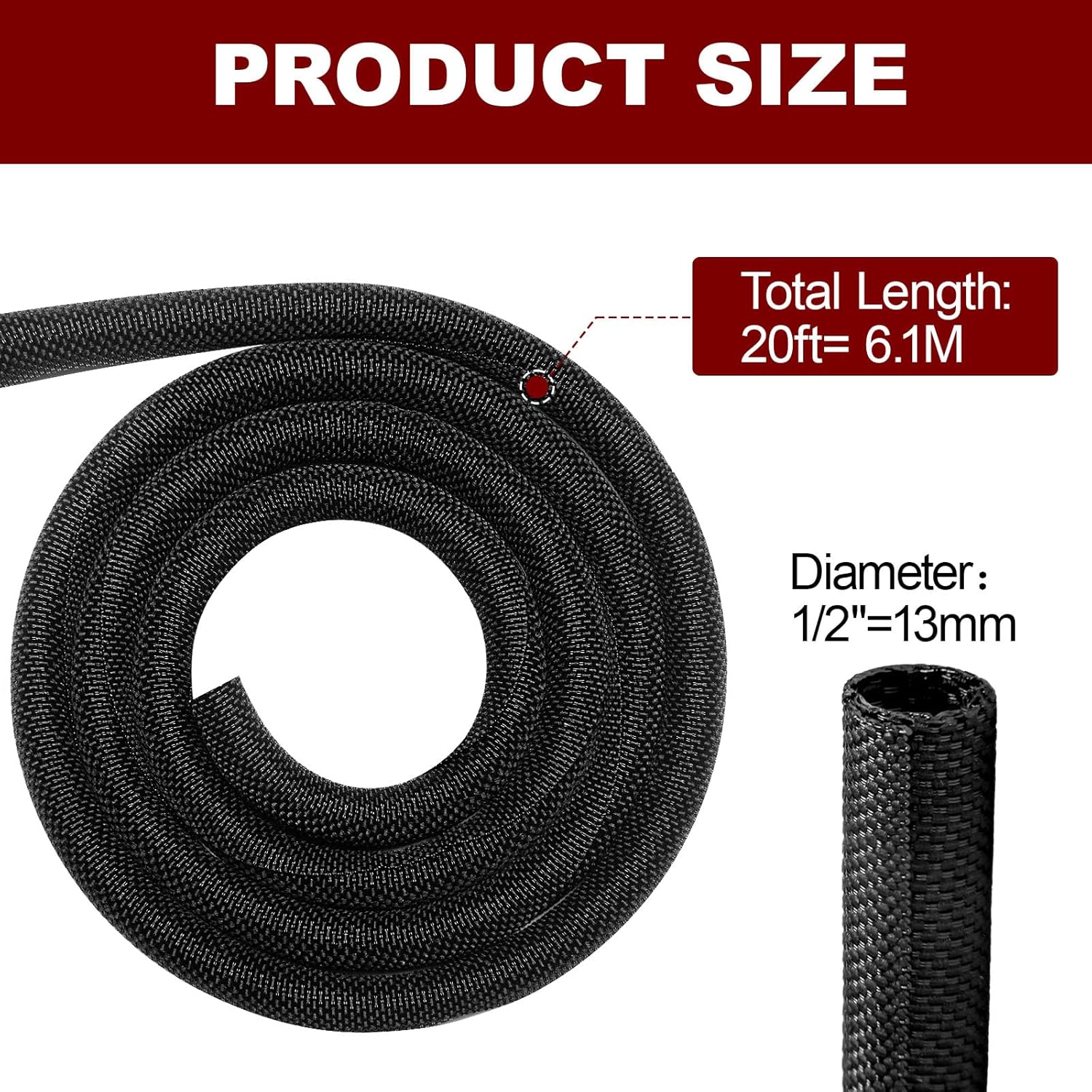 Automotive Wire Loom High Temperature Braided Wire Loom, Split-Sleeve Heat Resistant Wiring Loom Cord Cover for Harness Wires, Self-Wrapping Heavy Duty Sheathing Cable Management Black（20ft-1/2inch）