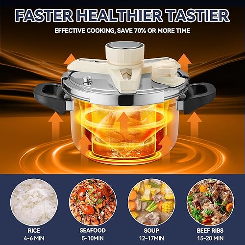 Miniatura 3 de TIPTAP Olla a presión de acero inoxidable de 4.5QT5L, olla multifuncional con tapa de vidrio, ideal para cocinar al vapor, sopas, cocción a presión,