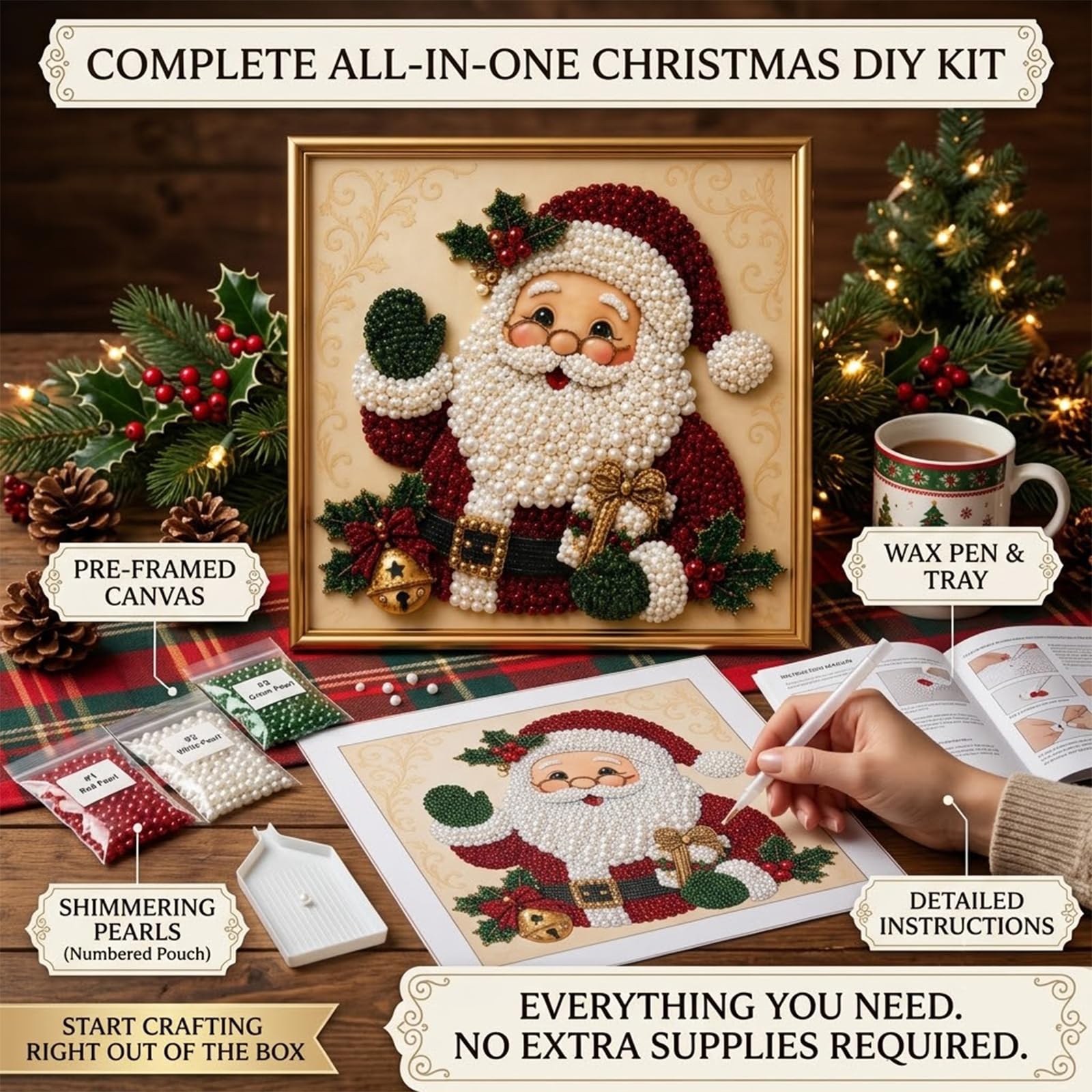 Zestaw 3D Pearl Christmas Wall Art Kit, oprawiony zestaw do malowania diamentowego DIY z koralikiem