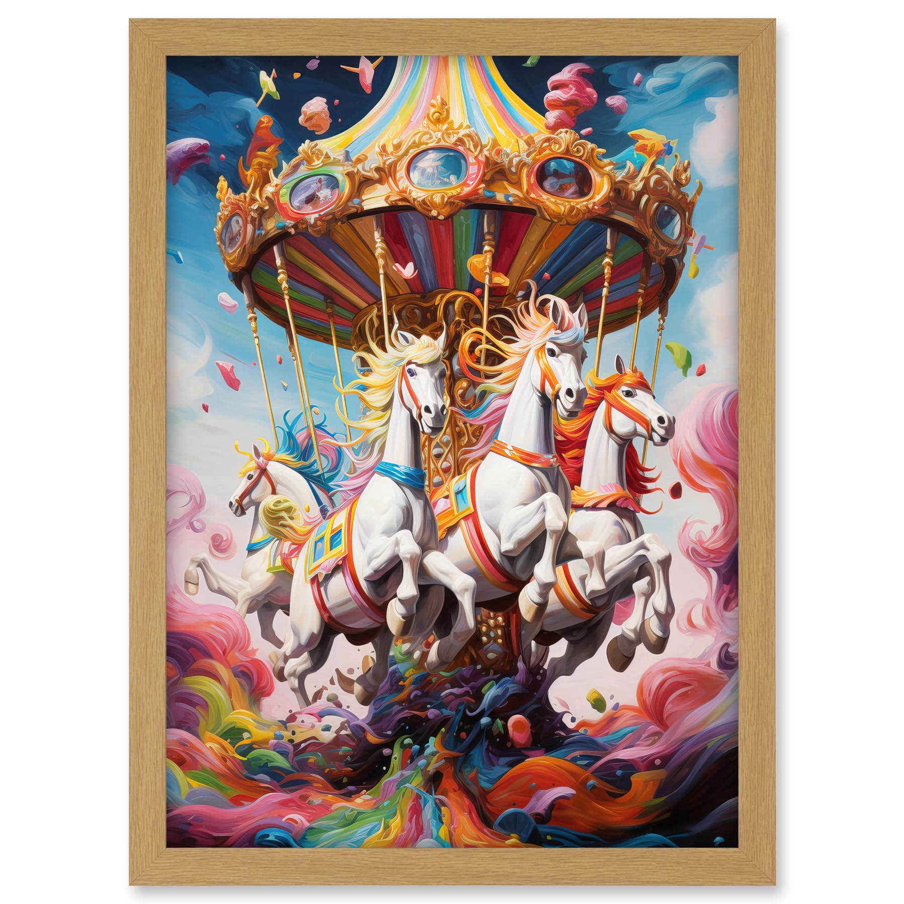 Artery8 Magical Carousel in Rainbow Clouds Bright Bold Vibrant Fantasy Kids Bedroom Baby Nursery Artwork Framed A3 Wall Art Print