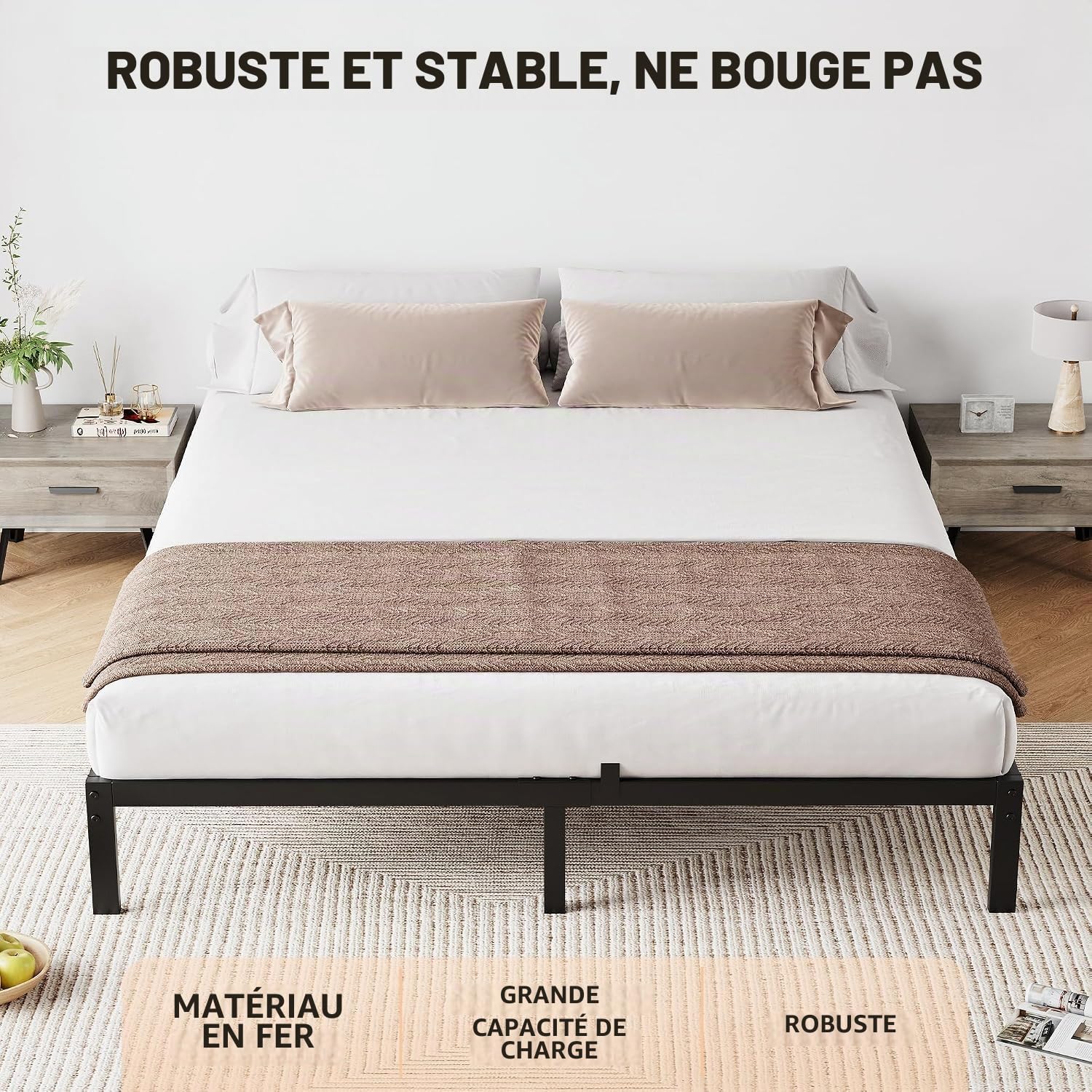 Garvee Cadre de Lit 140x190 cm en Métal à Profil Bas, Structure de Matelas