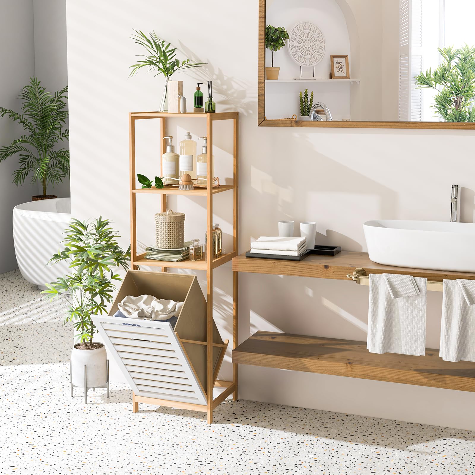LIFEZEAL Armadio da Terra, Scaffale da Bagno a 3 livelli, Cesto Portabiancheria in Bambù, Mobile Biancheria Sporca, Porta Biancheria Salvaspazio con Scomparto per Laundry,36x33x130cm