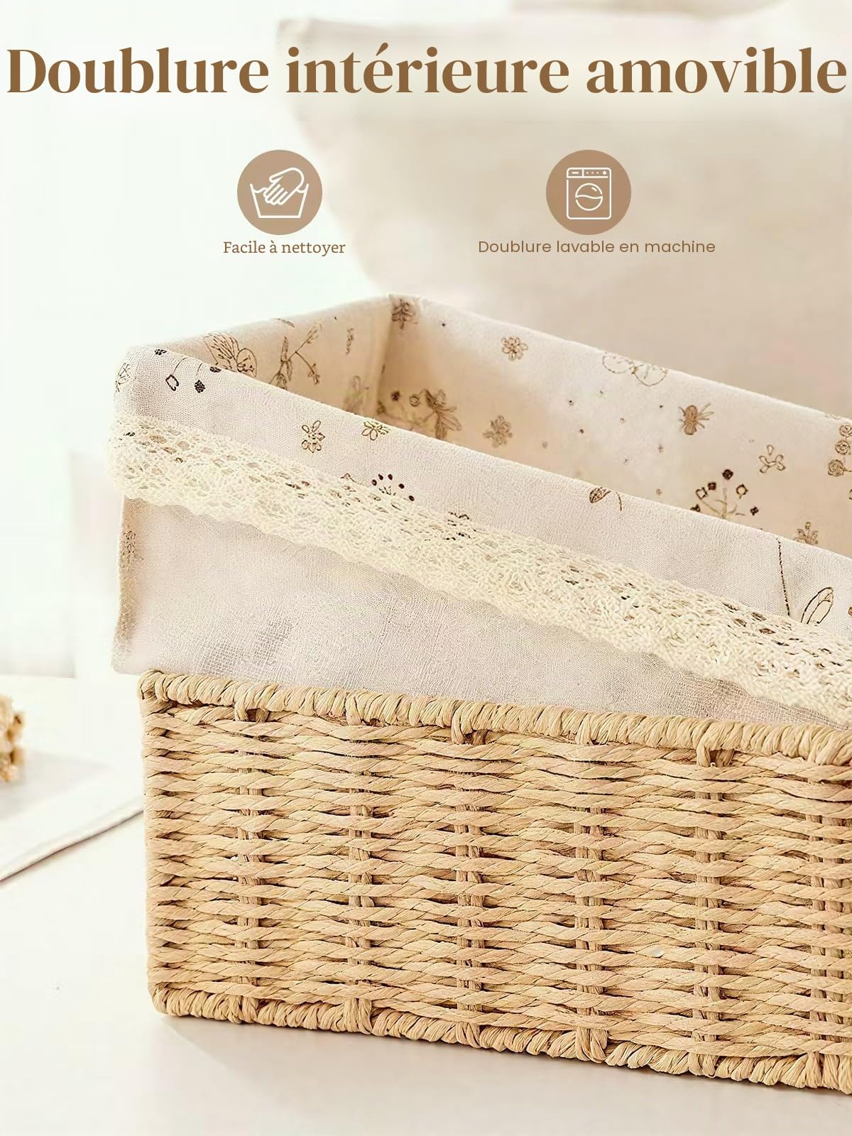 Amaredom Paniers en Osier à Motif Floral, Lot de 3 Paniers de Rangement Tissés à la Main de Différentes Tailles, Parfait pour l'Organisation, le Rangement et la Déco de la Maison – Beige