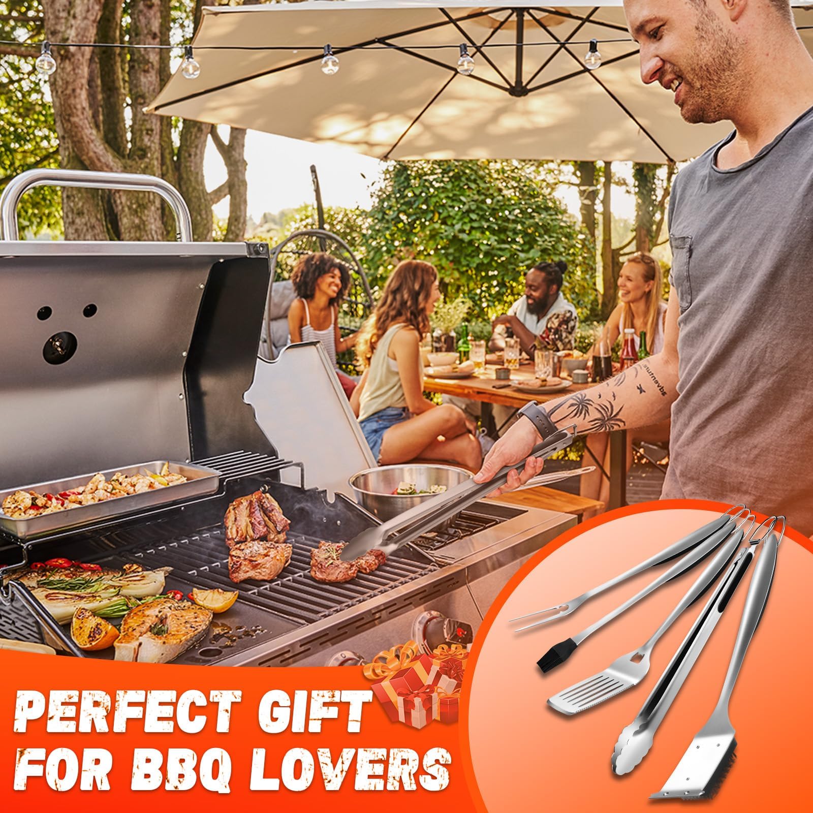 PURPLEBIRD Set di 6 utensili da barbecue per esterni, con manico extra lungo, accessori per barbecue in acciaio inox, regalo per papà, con borsa da viaggio, kit di utensili per barbecue per campeggio