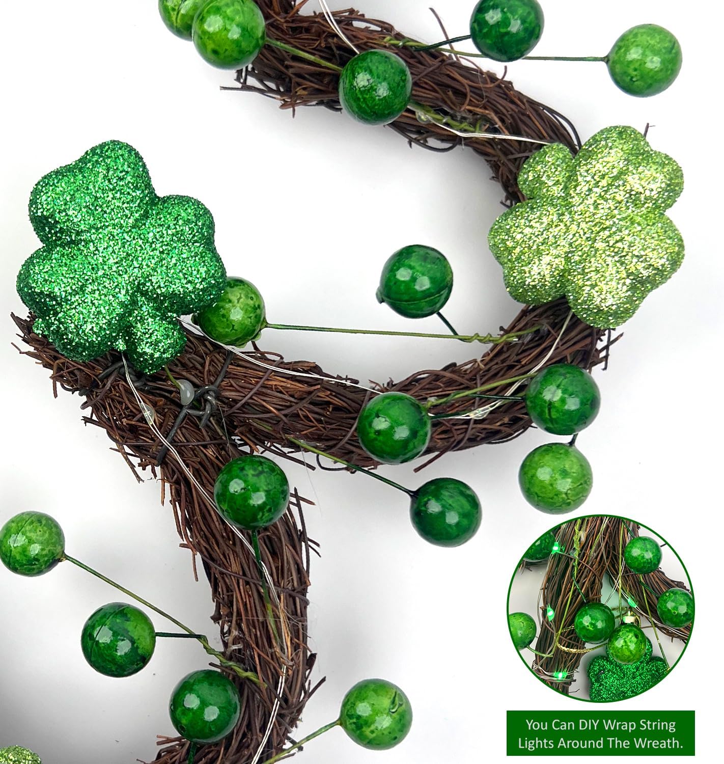 Condition photo showing New/Like New for st. patricks day wreath decorations,shamrocks wreath for front door,green glitter leaves wreath, st. patrick's day decor for spring outdoor home wall window