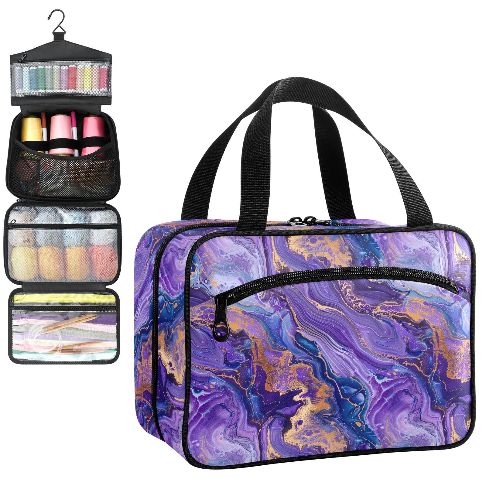 YNNALE Sewing Supply Organizer Bag, Purple Gold Luxury Fluid Art Modern Portable Sewing Bags with Pockets&Hanger, Sewing Storage Box Case for Sew Supplies/Kit/Tools/Accessories (BAG ONLY)