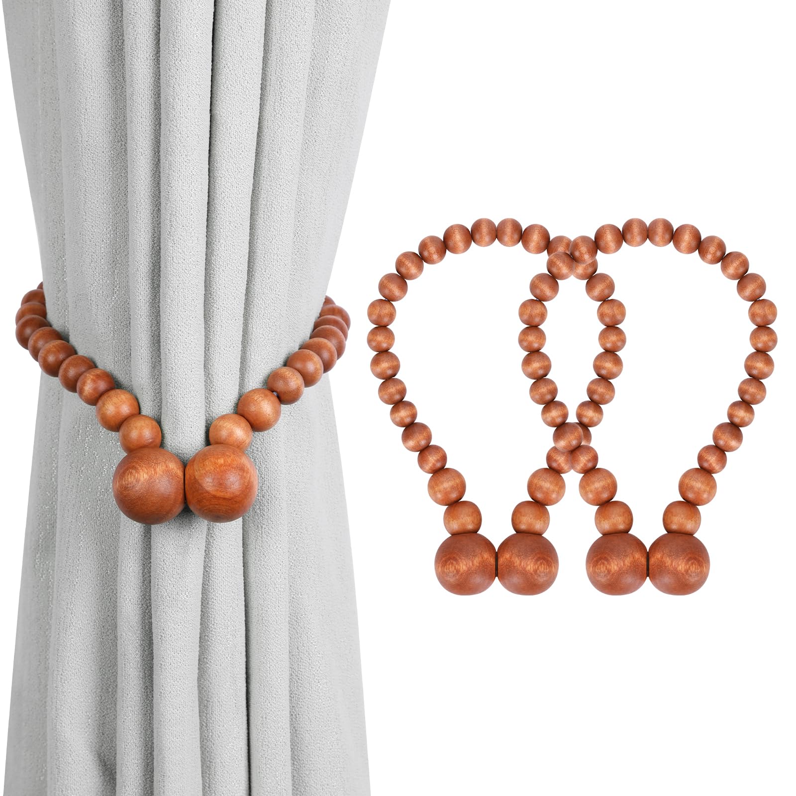 Magnetic Curtain Tiebacks, Curtain Tie Backs for Curtains 2 Pack, Wood Bead Curtain Tiebacks, Curtain Holders for Boho Bedroom Decor, Baby Nursery Decor, Farmhouse Decor