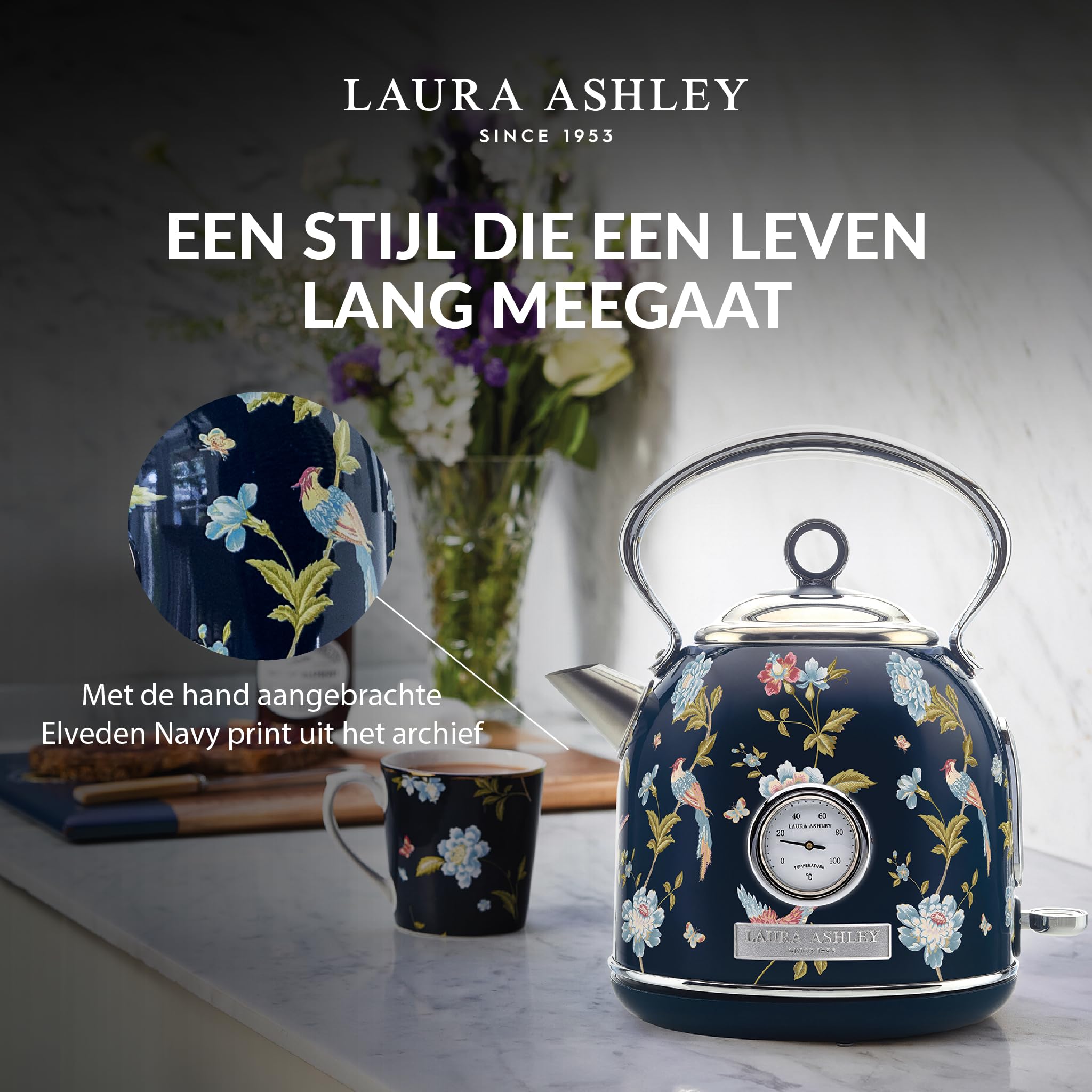 VQ Laura Ashley Bezprzewodowy Elektryczny Czajnik Elveden Navy - Pojemność 1,7 Litra, 2,2 kW Szybkie Gotować, Ochrona Przed Przegrzaniem i Wskaźnikiem Temperatury Vintage Czajnik
