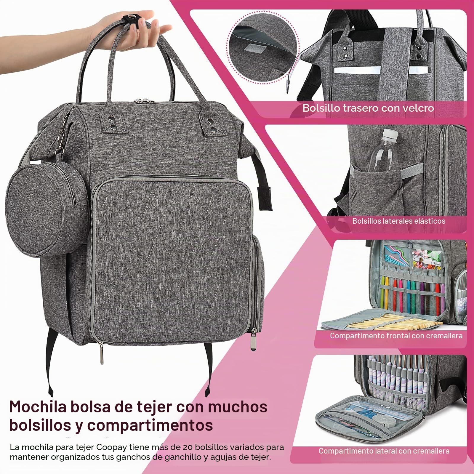 Coopay Bolsa de Punto Multifunción, Bolsa de Ganchillo de Viaje con 6 Agujeros, Gran Bolsa de Almacenamiento de Hilo para Proyectos Inacabados, Accesorios de Punto y Ganchillo (Gris)