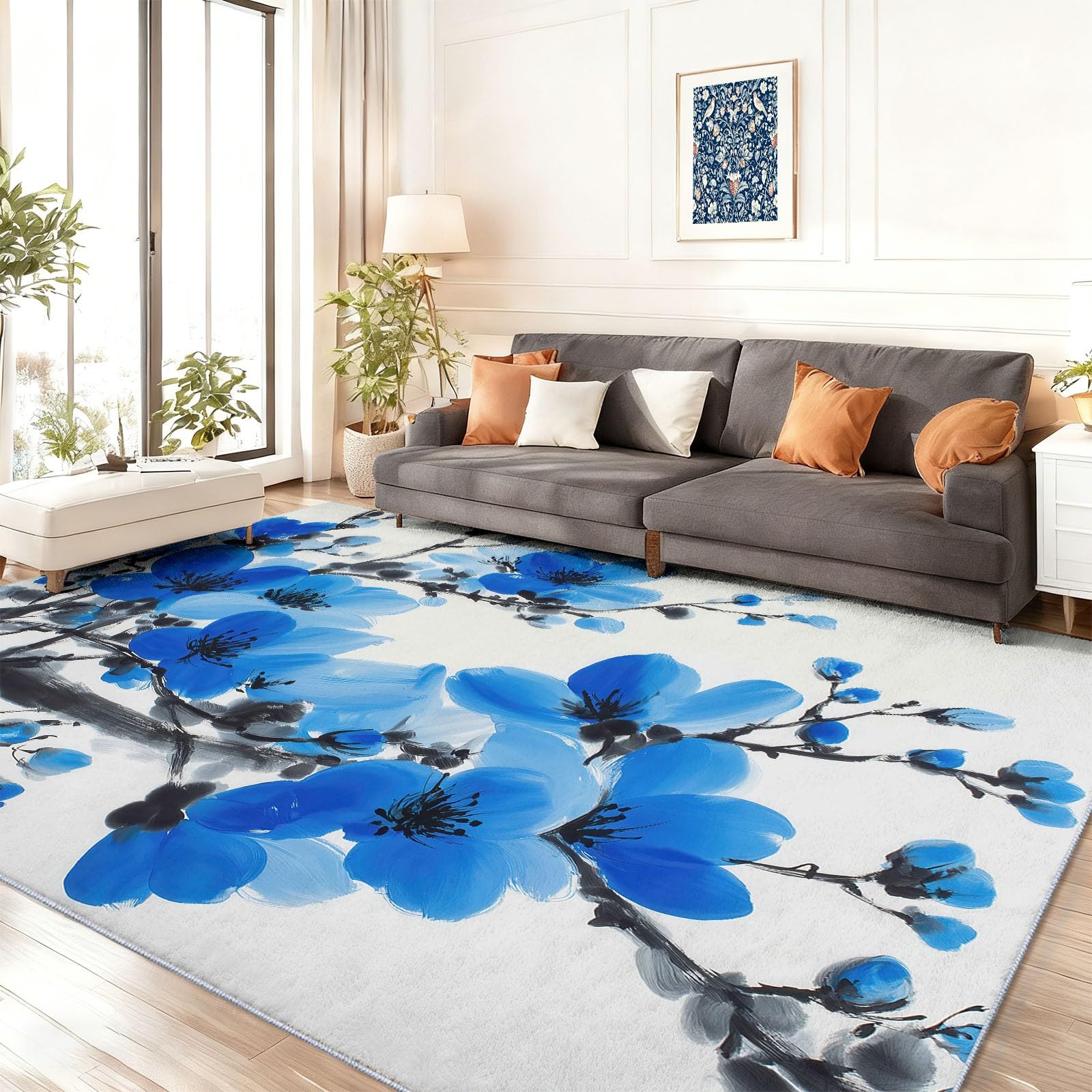 Skandynawski minimalizm, nadaje się do prania, dywan 100 x 150 cm, rysunek tuszem, kwiatowe, niebieskie kwiaty, gałęzie, niebieskie, miękkie krótkie runo, antypoślizgowy spód, łatwy w pielęgnacji, do