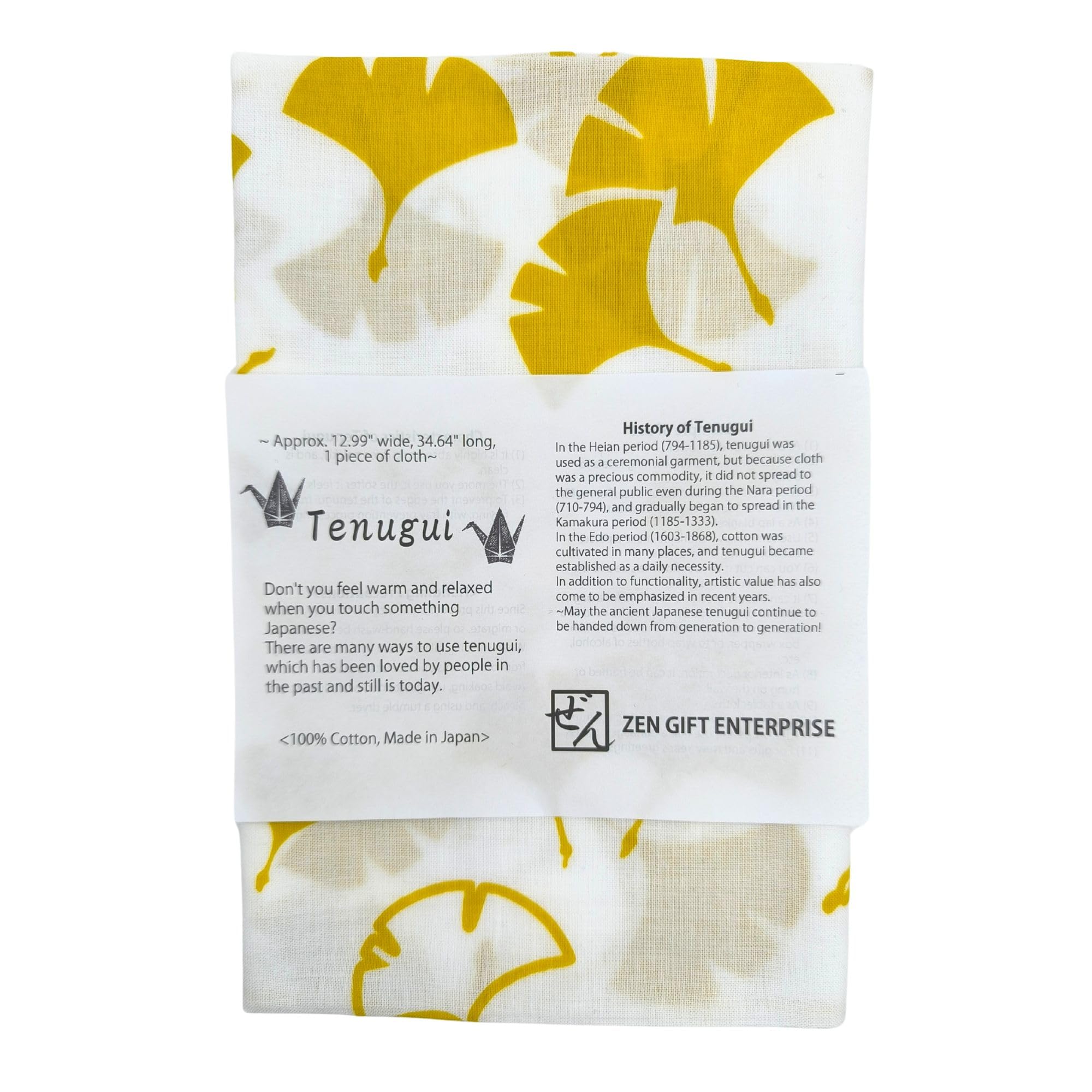 ZEN GIFT ENTERPRISE Tenugui Traditional Towel Made in Japan Fray Prevention 100% Cotton Eco Friendly Kitchen Towel Gift Wrapping Gingko (Icho) Yellow on White 34.64" L x 12.99" W (88 × 33 cm)