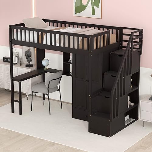 Miniatura 272 de Quarte Cama alta multifuncional, cama alta tamaño matrimonial con escritorio integrado y estantes de almacenamiento, dos cajones y escalera de