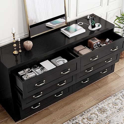 Miniatura 3 de DWVO Black 6 Drawers Dresser, 59" Vintage Dresser Chest of Drawers with USB Charging Station and Organizer Bag, 6 Chest of Dressers with