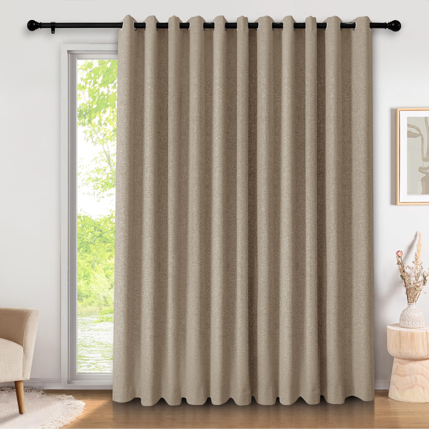 Frelement Sliding Door Curtains Extra Wide Grommet Top Drapes 100% Blackout Linen Curtains for Patio Door Bedroom Living Room Room Darkening Curtains with Tiebacks 1 Panel, 100" Wx84L, Taupe