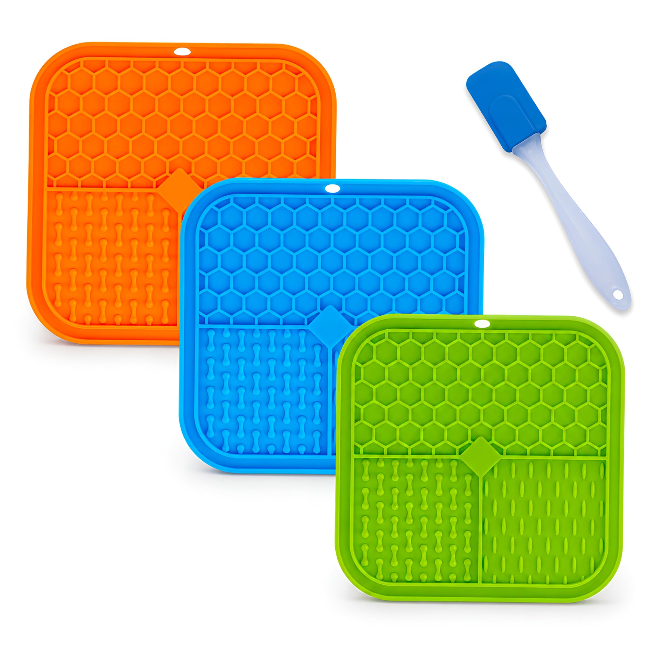 3 Pack Dog Lick Mat, BPA-Free Silicone Lick Mats for Puppies and Cats with Strong Suction Base, Spreading Spatula and Slow Feeder Surface for Calm Feeding (15CM, 3-Pack Blue, Green & Orange) — image 1