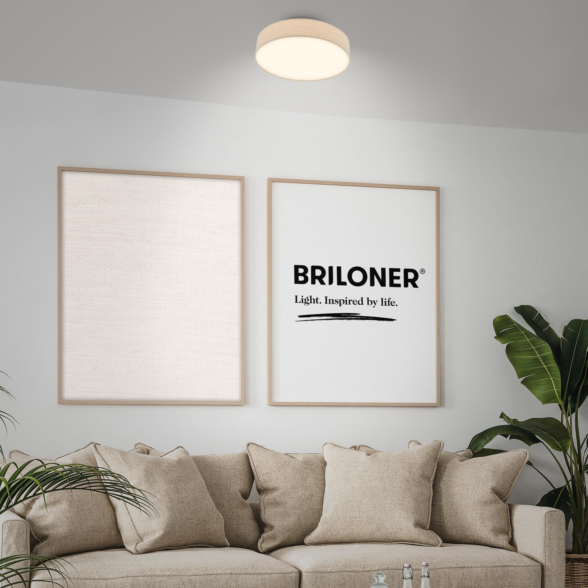 Briloner - Lámpara techo LED con pantalla de tela, 24 W y 2600 lm, luz blanco cálido, plafon LED, lamparas de salón, lampara dormitorio, luz techo salón, 38 x 10,5 cm, Beige