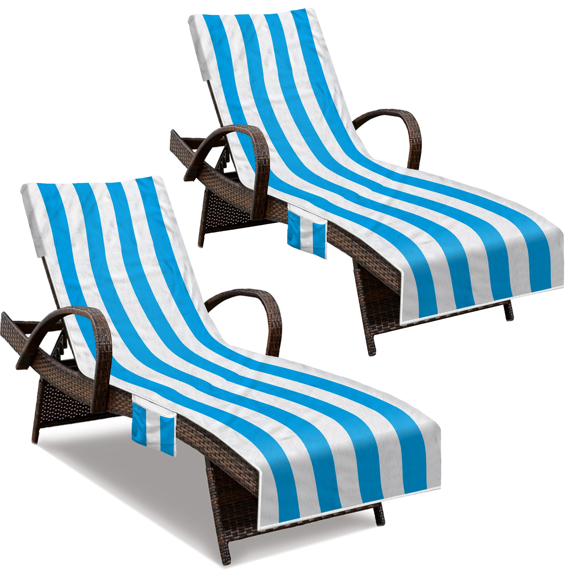 2-Pack Beach Chair Towel Covers With Pockets - 85x30 Inch, Striped Sky Blue & Flesh Brown, Absorbent Pool Lounge Cover