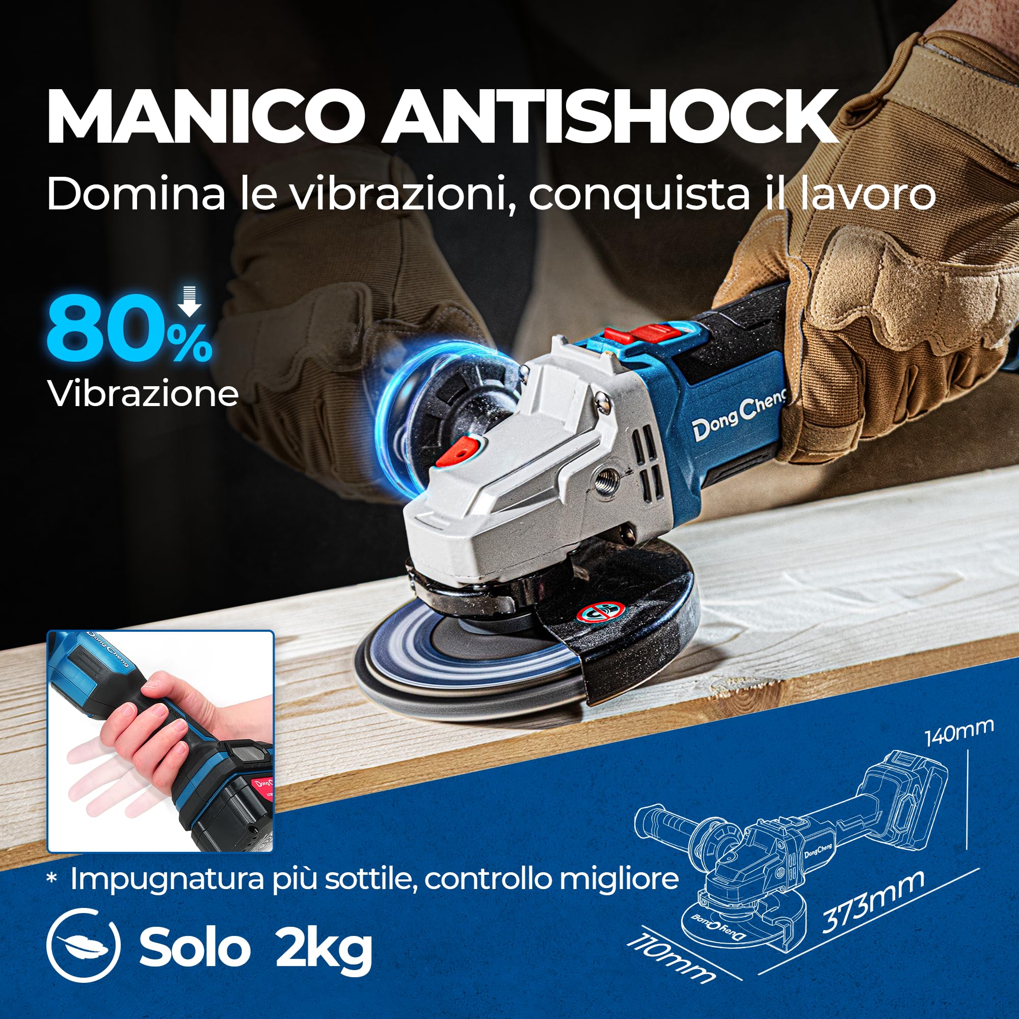 DongCheng Smerigliatrice angolare a batteria 20V 125mm, Motore Brushless da 630 W, copertura a sgancio rapido, impugnatura antivibrante, 2 dischi abrasivi, 2 dischi da taglio, batteria da 4,0 Ah