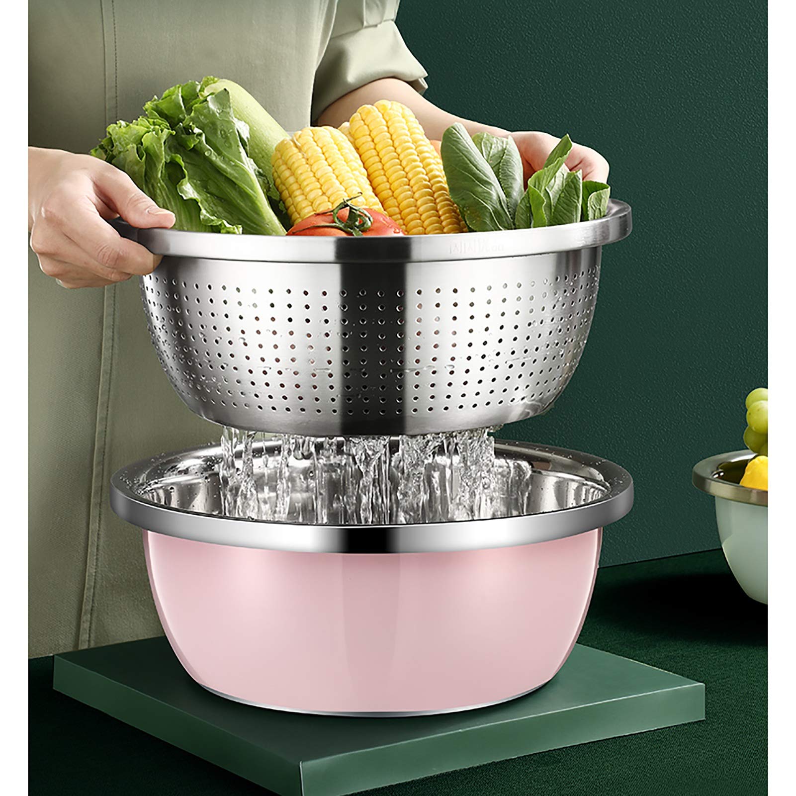 Cuencos para mezclar (juego de 5) Cuencos para mezclar de acero inoxidable, lavabo para sopa de calidad alimentaria 304 （con desagüe）, lavabo para lavar verduras, 4 ollas para sopa + 1 recipiente pa