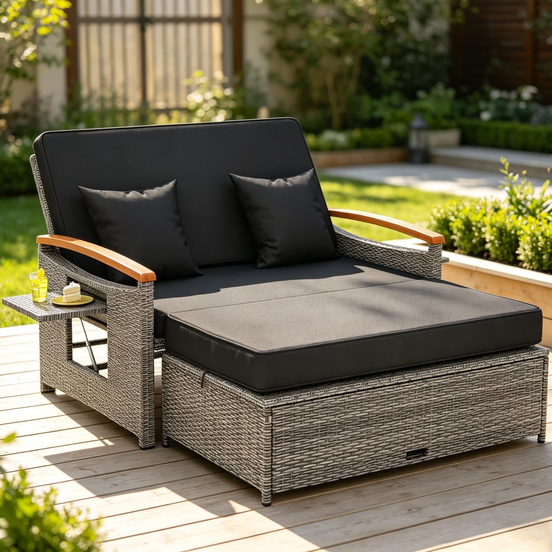 GIANTEX Meuble Extérieur 2 Pièces en Rotin PE avec Ottoman (Gris + Noir)