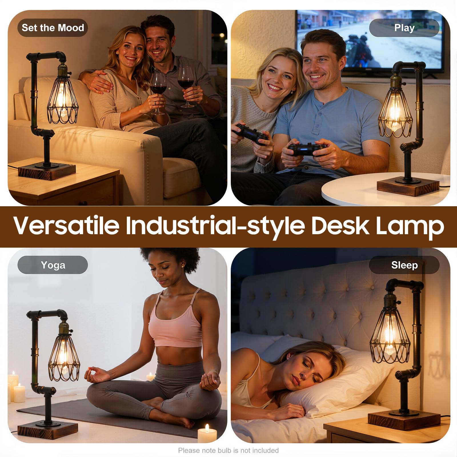 Lampada da tavolo industriale, lampada da scrivania retrò, lampada tubolare E27, lampada da comodino, in ferro, legno, nero, 12 W, design vintage, cavo da 1,8 m, con interruttore, per camera da letto