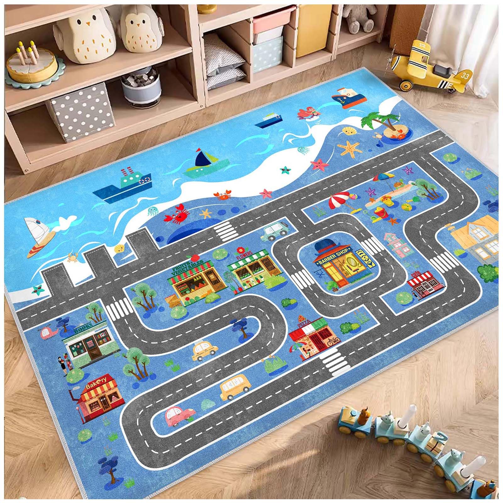 Fuzorise Kids Car Rug for Playroom Rugs, 47''x71'' Road Rug for Boys and Girls Bedrooms, Washable Rectangular Non-Slip Children's Carpet, Kid