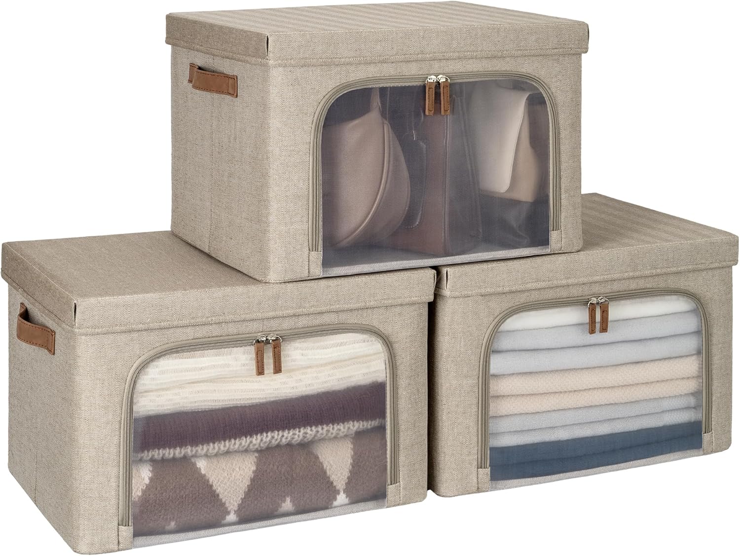 StorageWorks Storage Bins with Lids, Decorative Boxes with Clear Window for Clothes, Fabric Collapsible Baskets for Closet Organization, Large, Brown, 3 Packs 17"L x 13"W x 11.5"H Brown